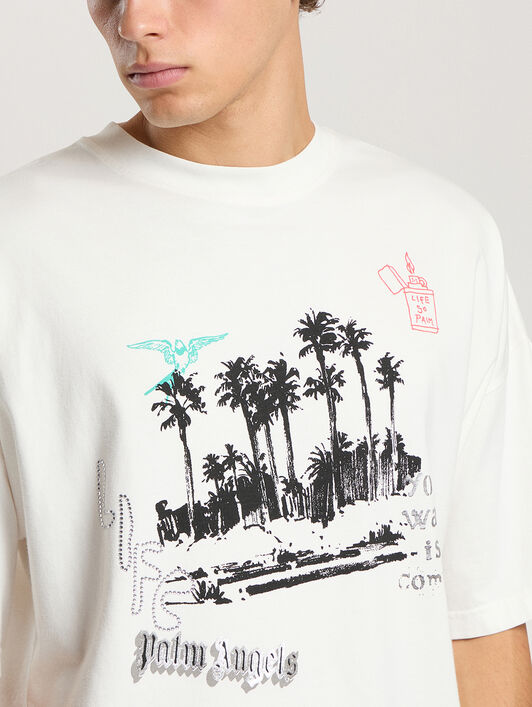 PALM ANGELS Palm Life Loose T-Shirt OFF WHITE - BLACK PAMAA03F26JR02