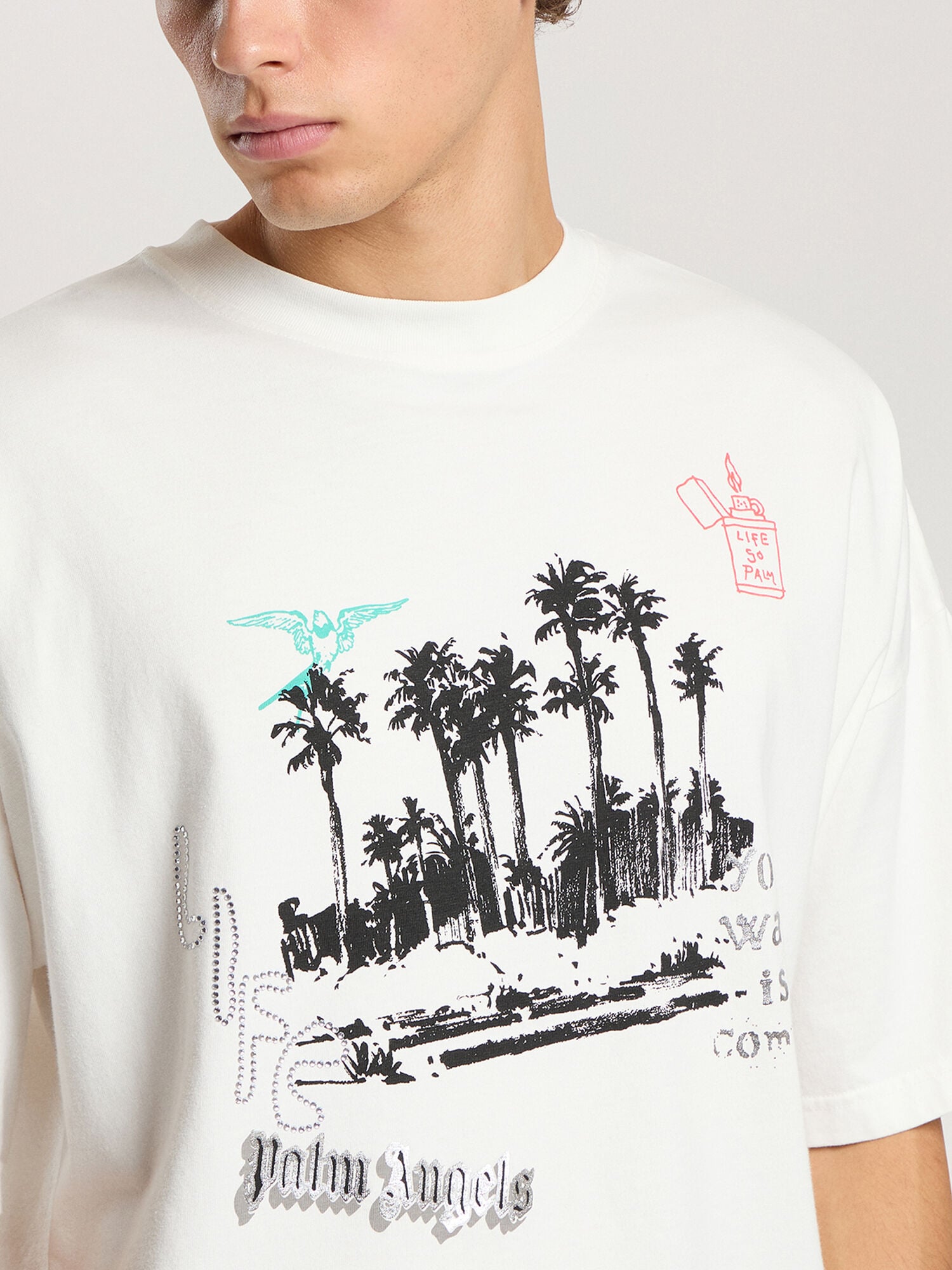 PALM ANGELS Palm Life Loose T-Shirt OFF WHITE - BLACK PAMAA03F26JR02