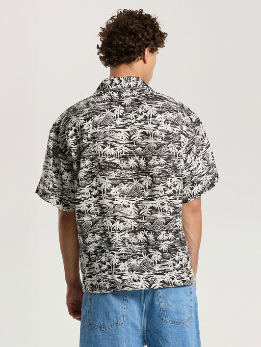 Palm Waves Linen Bowling Shirt PALM ANGELS Palm Waves Linen Bowling Shirt BLACK - OFF WHITE PAMGG01F26FB02