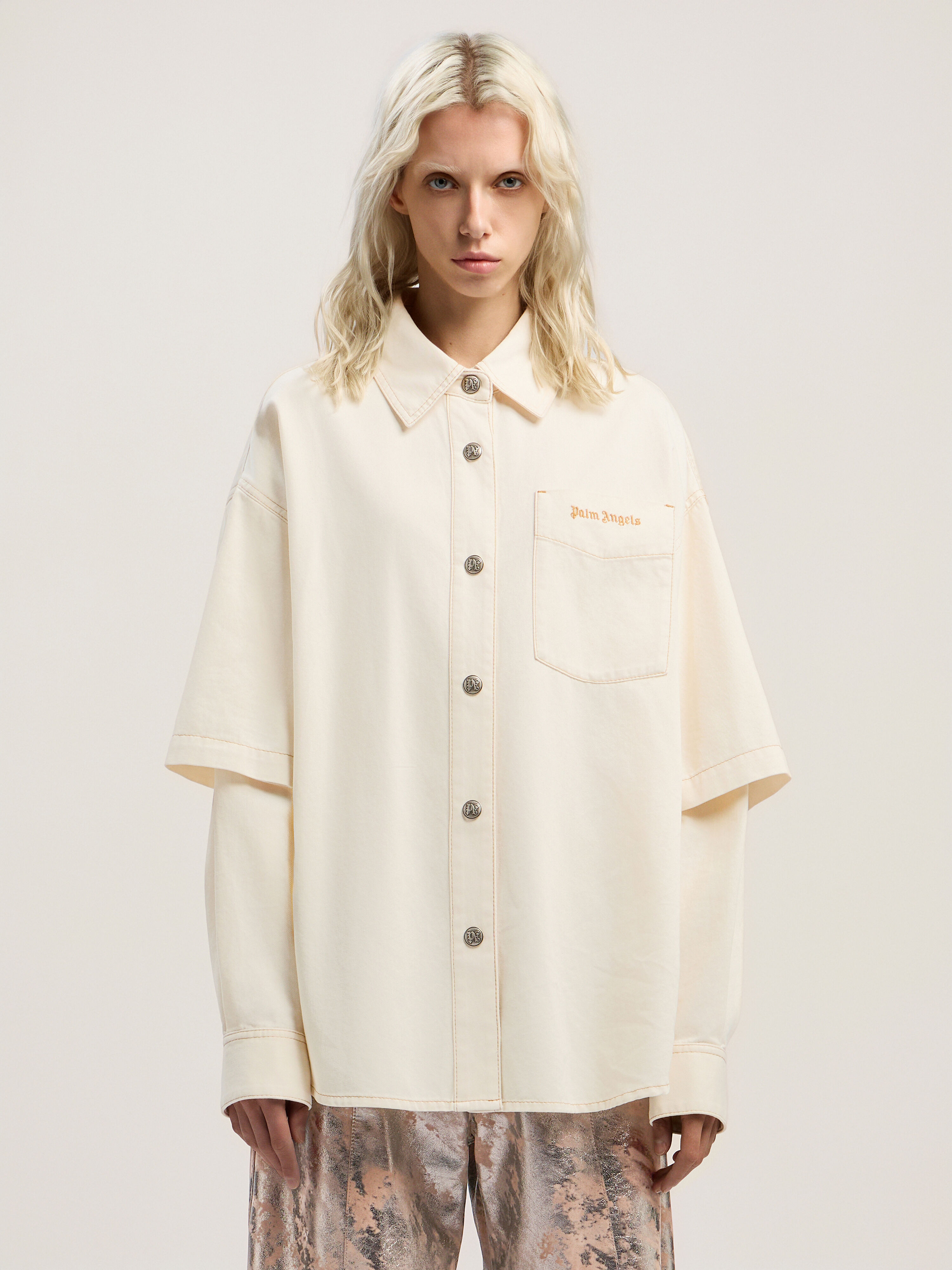 PALM ANGELS Hybrid Denim Overshirt OFF WHITE - BLACK PWYD025F25DEN001