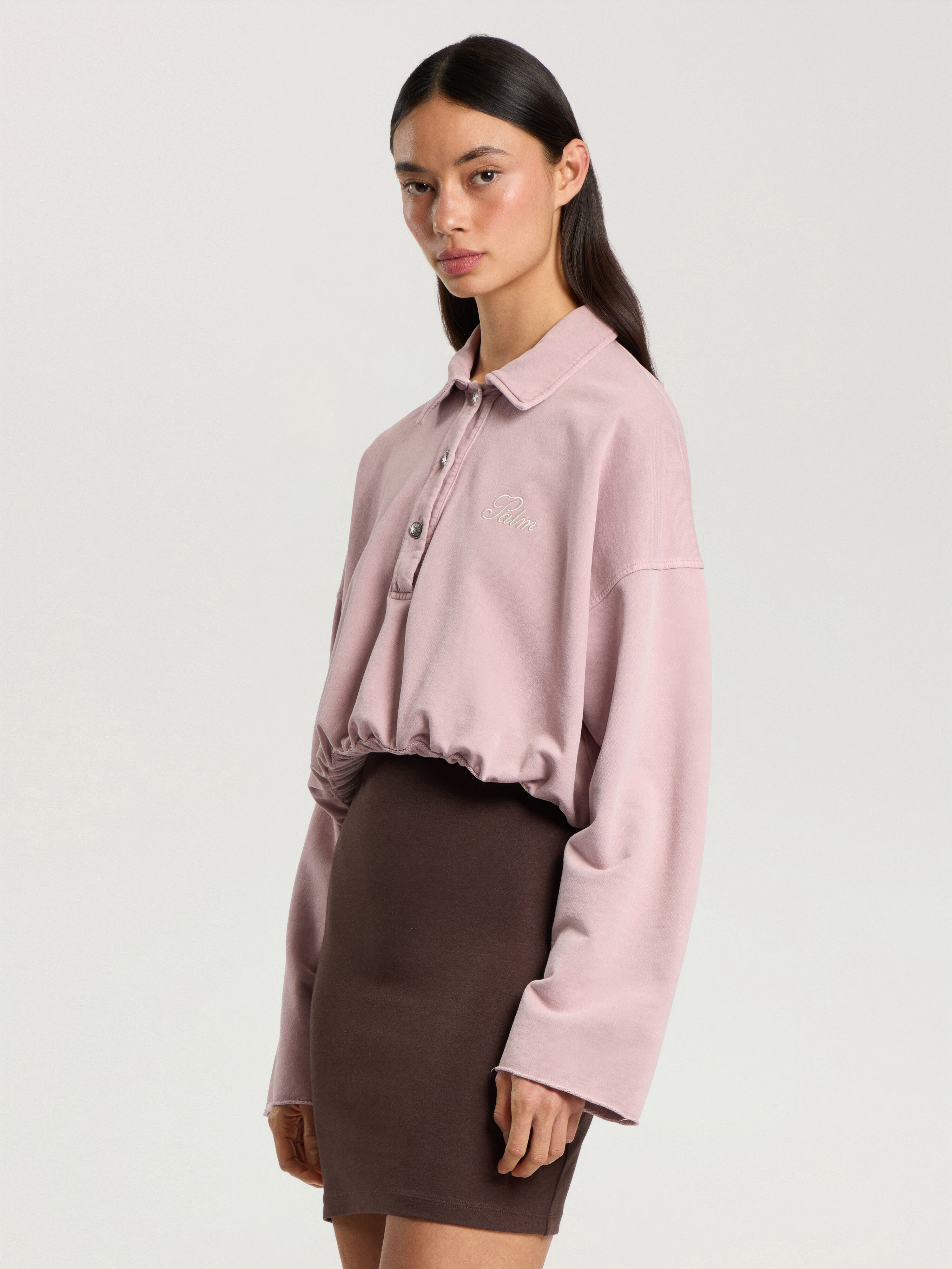 PALM ANGELS Palm Sway Cropped Long Sleeve Polo MAUVE - OFF WHITE PAWGC01F26FL01