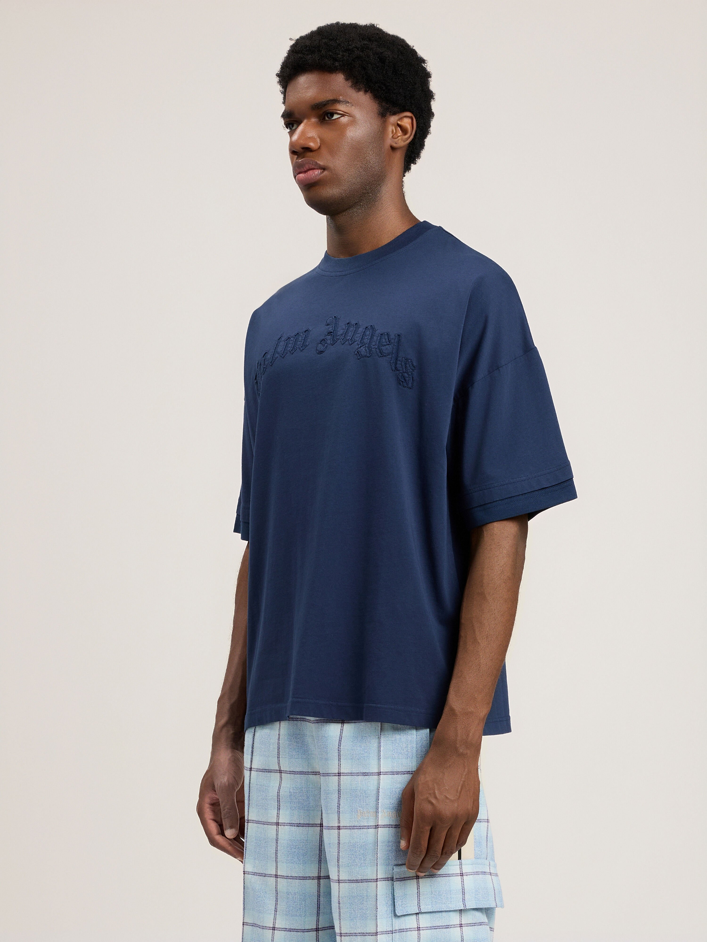 Curved Logo Loose Double T-Shirt PALM ANGELS Curved Logo Loose Double T-Shirt NAVY BLUE NAVY BLUE PMAA10QS26JER001