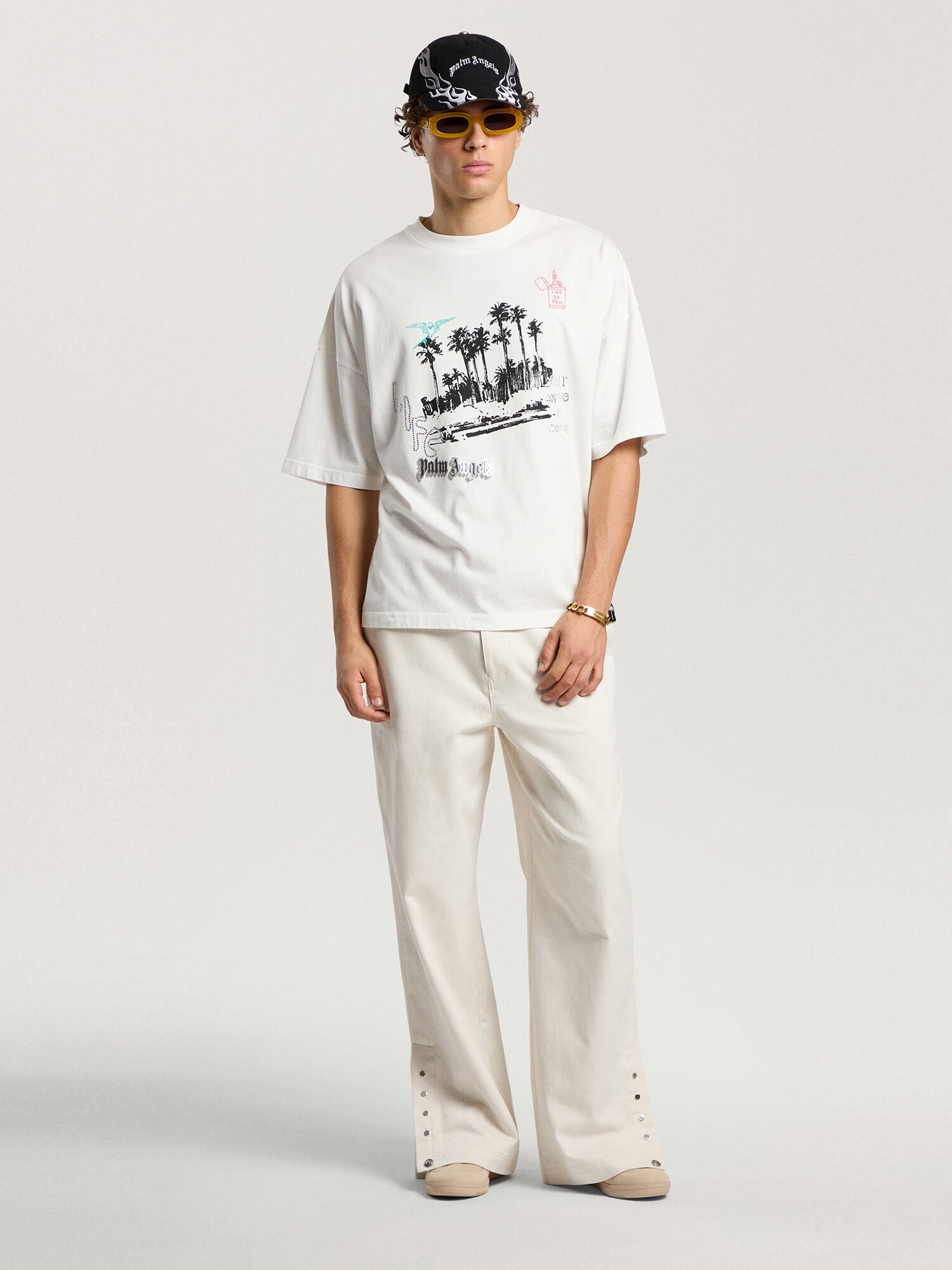PALM ANGELS Palm Life Loose T-Shirt OFF WHITE - BLACK PAMAA03F26JR02