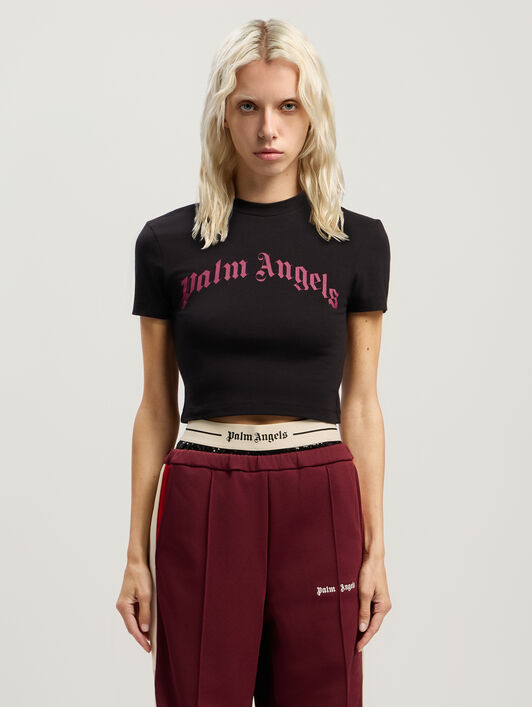 Curved Logo Baby Tee PALM ANGELS Curved Logo Baby Tee BLACK - FUCHSIA PWAA077F25JER002