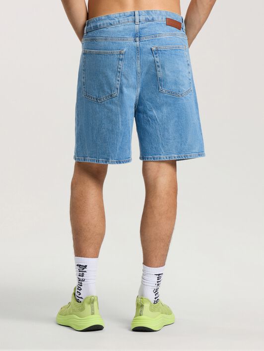 PALM ANGELS Splitted Curved Logo Loose Denim Shorts LIGHT BLUE - LIGHT BLUE PAMYC01F26DN01