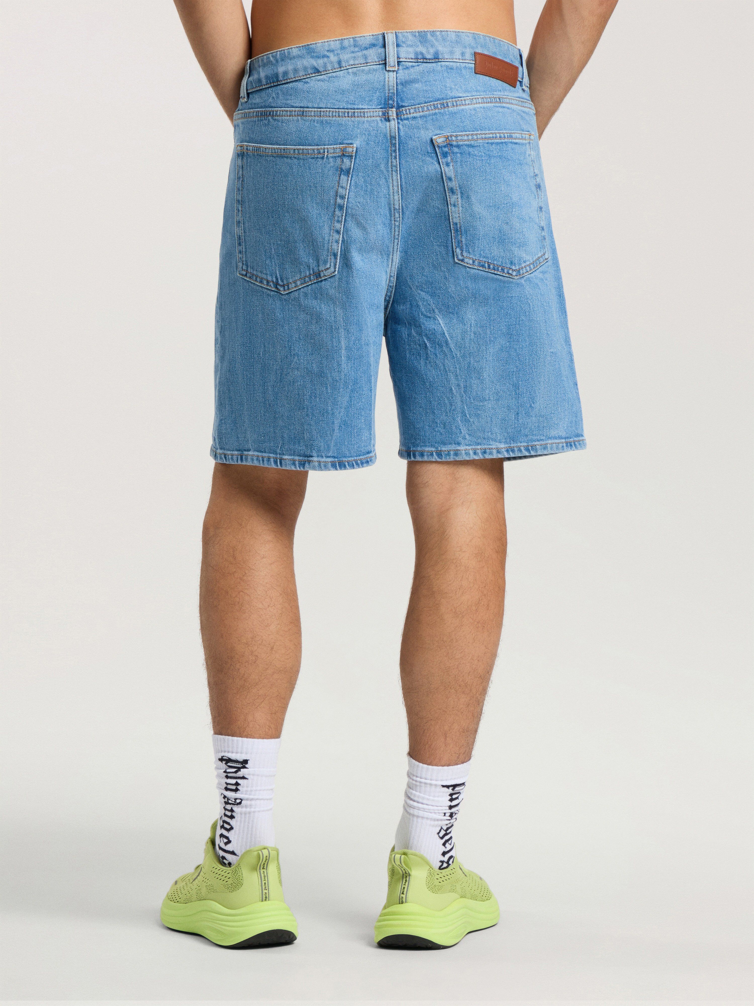 PALM ANGELS Splitted Curved Logo Loose Denim Shorts LIGHT BLUE - LIGHT BLUE PAMYC01F26DN01