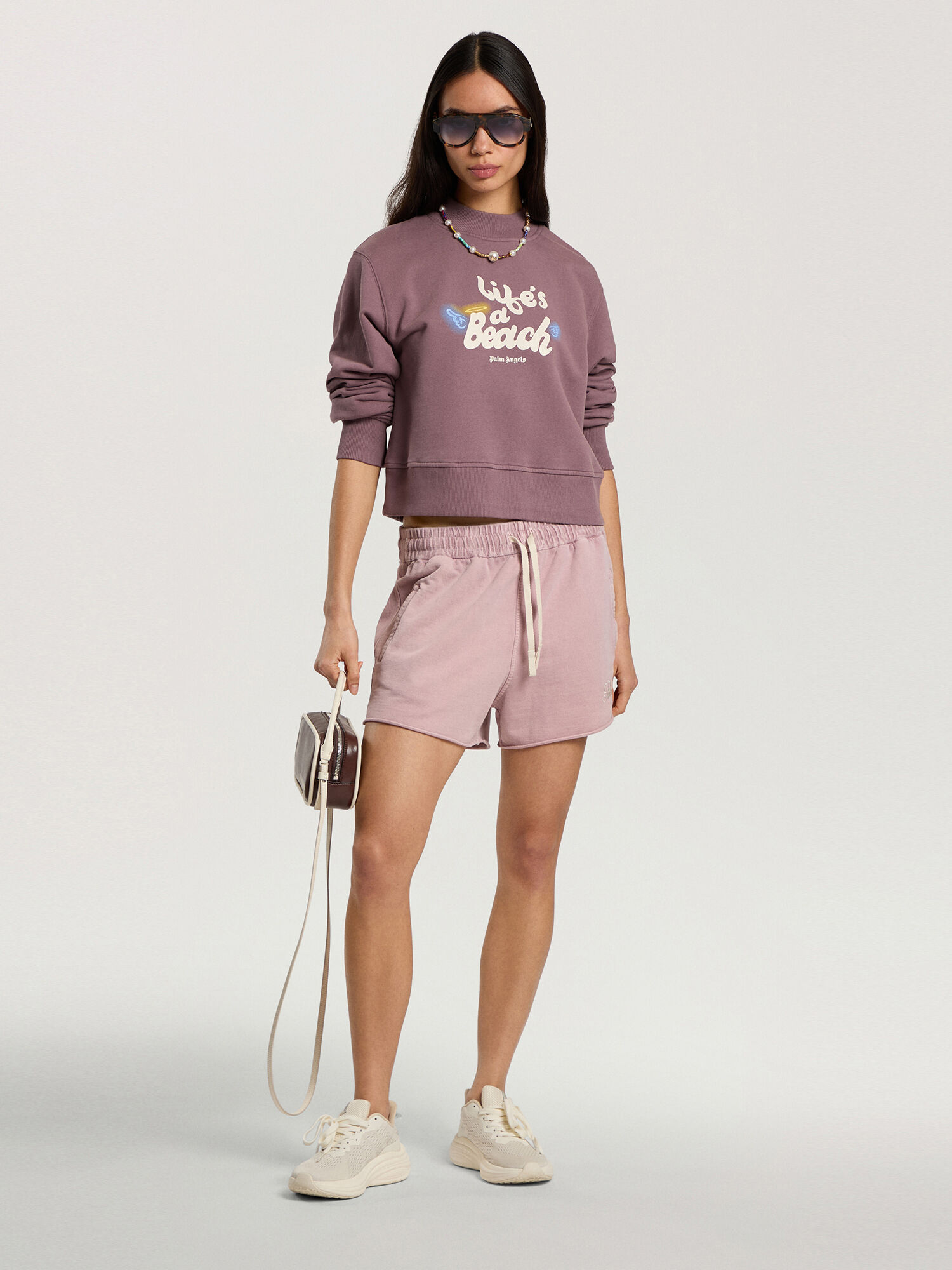 Life's A Beach Cropped Sweatshirt PALM ANGELS Life's A Beach Cropped Sweatshirt MAUVE - ROSE PINK PAWBA04F26FL01