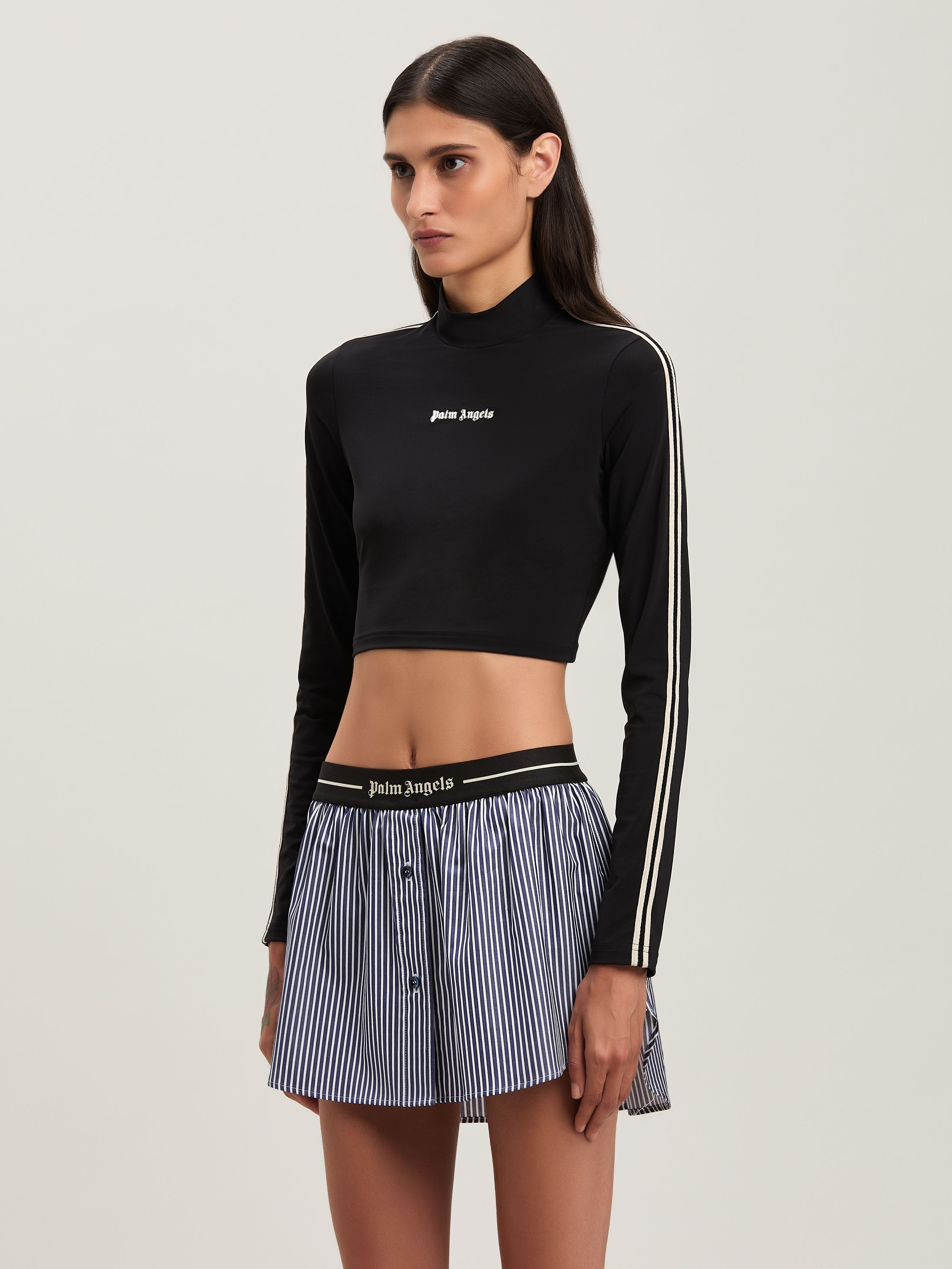 PALM ANGELS  Long sleeves cropped Baby T-shirt BLACK - OFF WHITE PWAD075S25FAB001