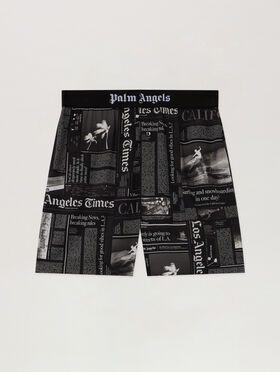 PALM ANGELS News Print Drawstring Shorts BLACK - OFF WHITE PMCB044F25FAB001