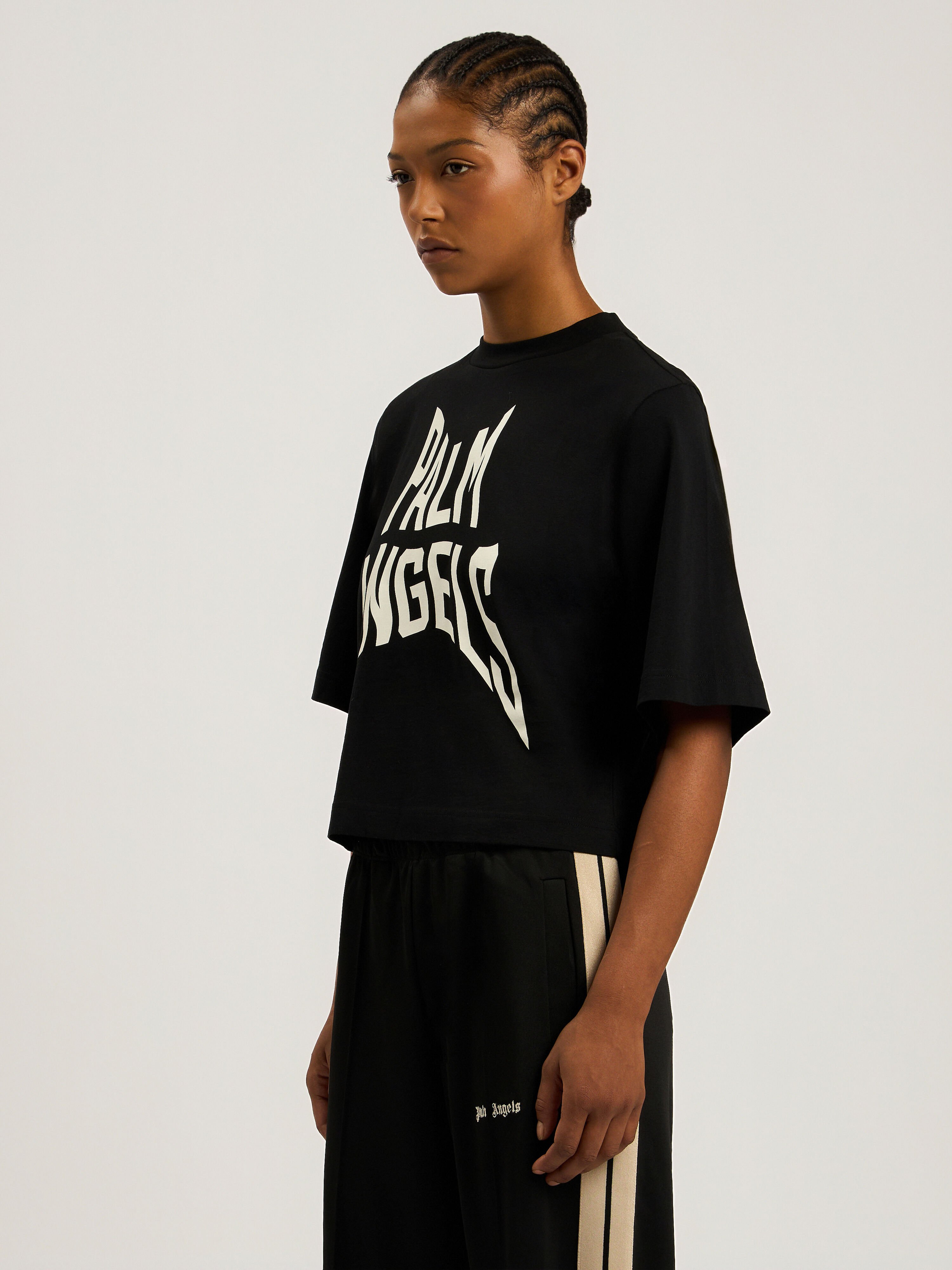 PALM ANGELS Palm Distorted Boxy T-Shirt BLACK - OFF WHITE PAWAA03F26JR07