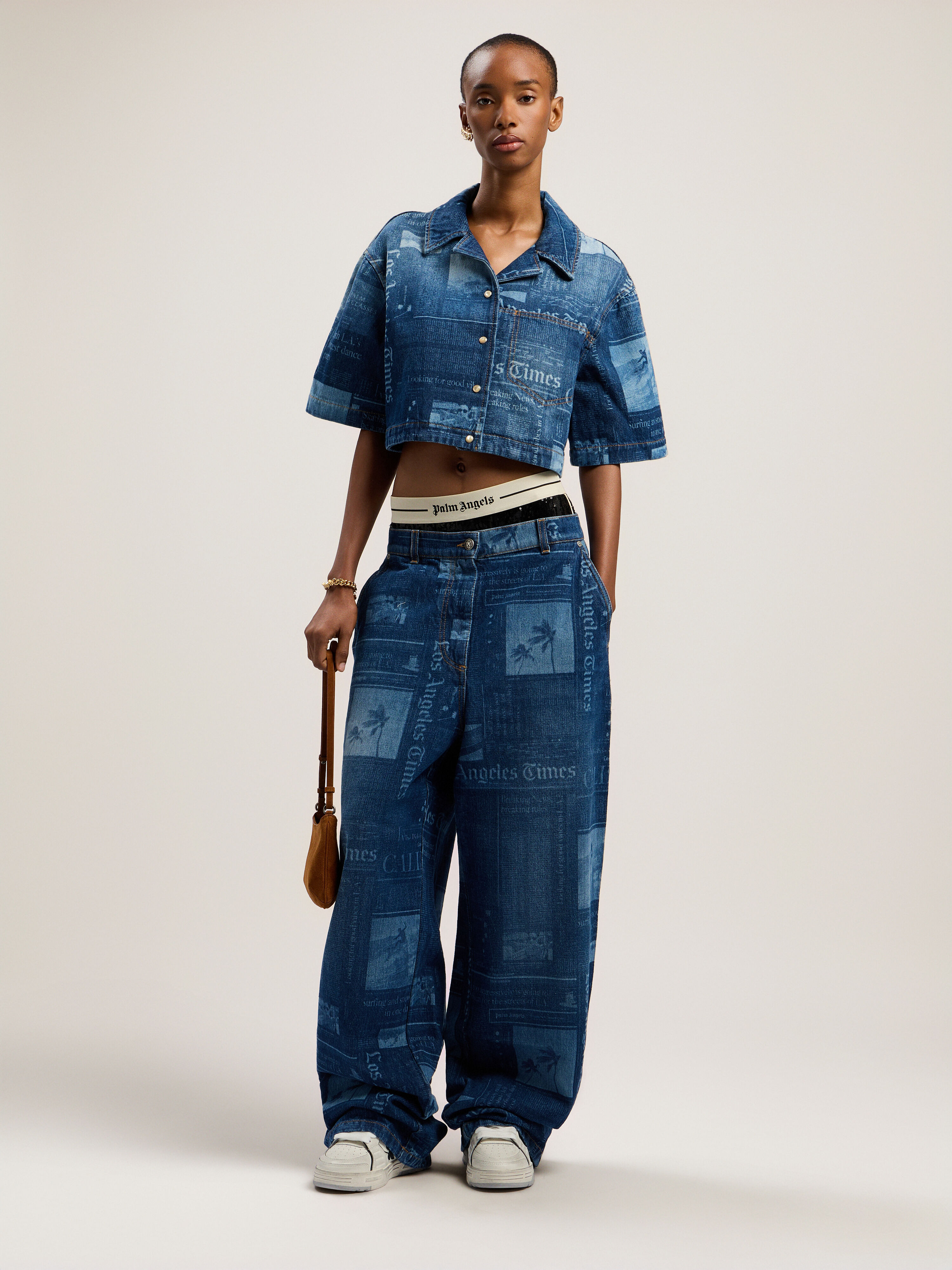 PALM ANGELS Newsprint Baggy Denim Pants MEDIUM BLUE - DUSTY BLUE PWYB040F25DEN001