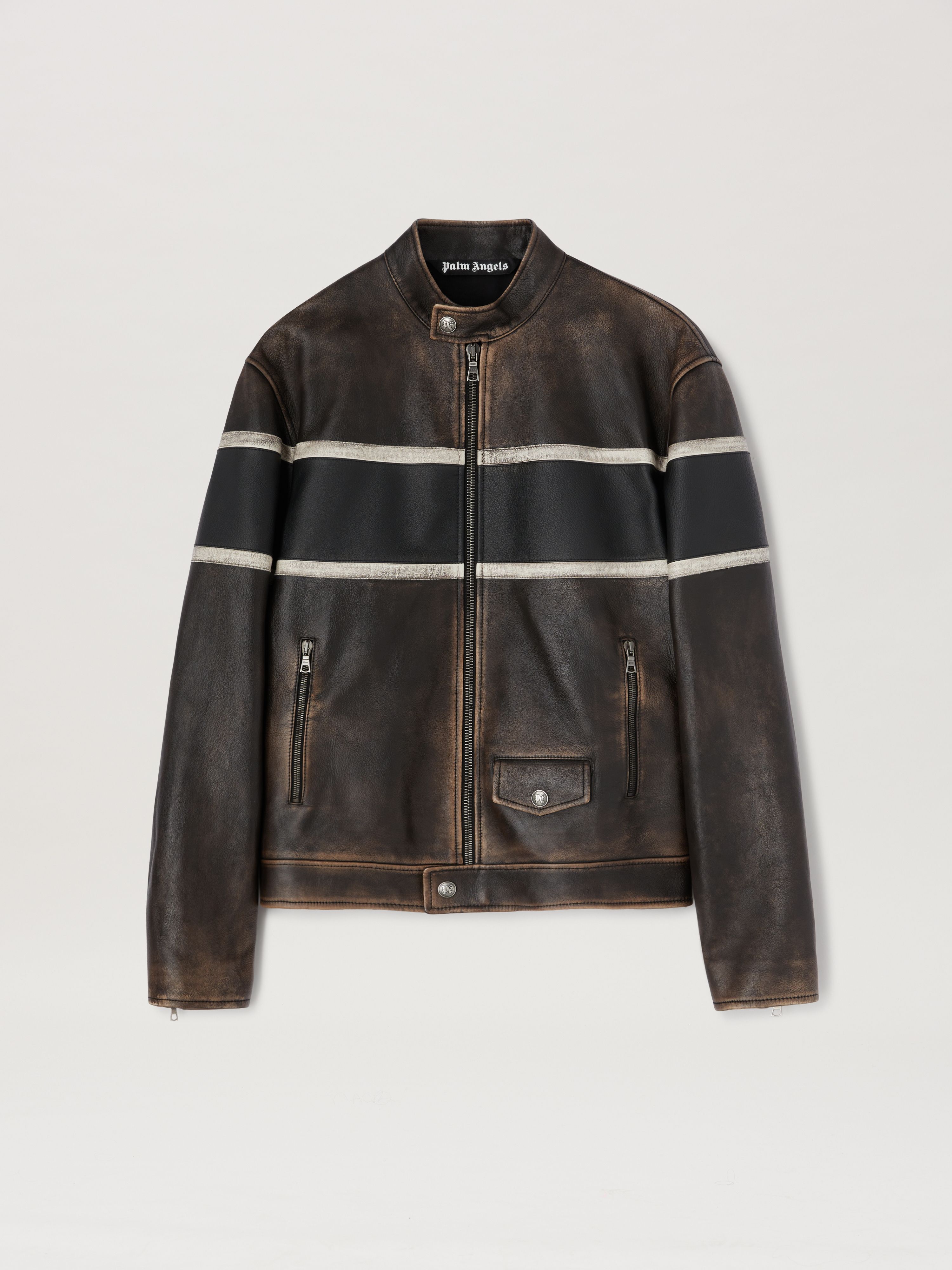 PALM ANGELS  Pin-up Biker Lederjacke BROWN - OFF WHITE PMJG018S25LEA001