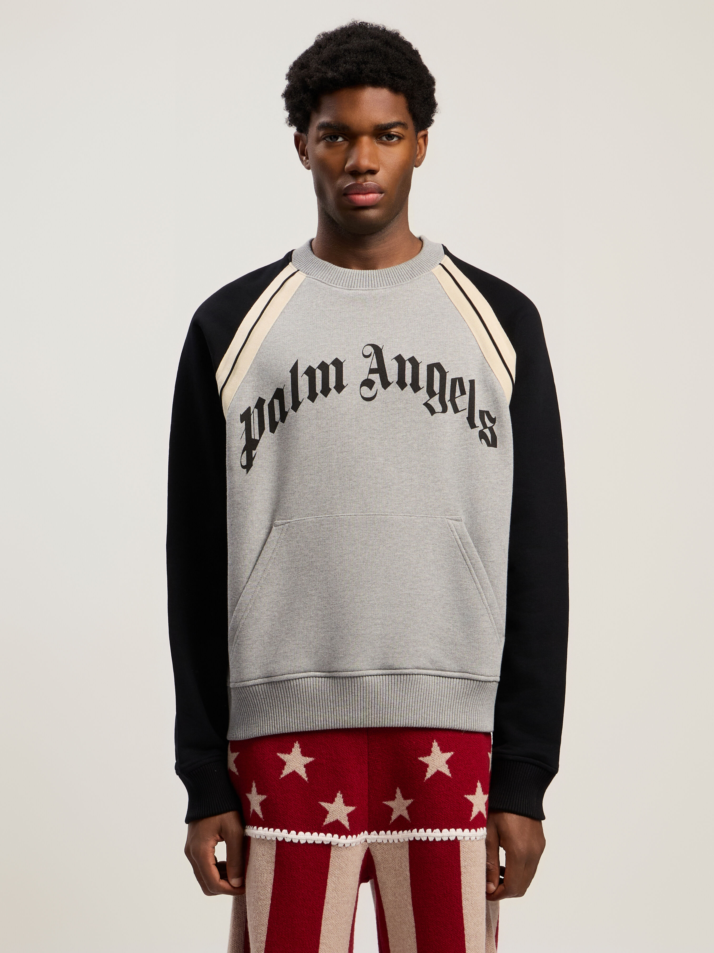 PALM ANGELS Curved Logo Track Crew GREY MELANGE - BLACK PMBA08LF25FLE001