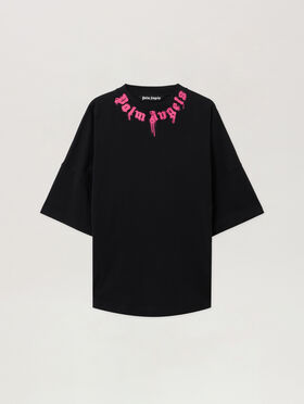 PALM ANGELS Curved Logo T-Shirt BLACK - FUCHSIA PMAA10BF25JER006