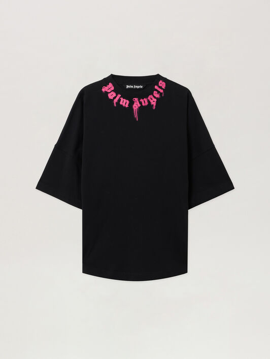 PALM ANGELS Curved Logo T-Shirt BLACK - FUCHSIA PMAA10BF25JER006