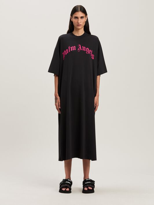 PALM ANGELS  Curved logo oversize T-shirt dress BLACK - FUCHSIA PWDH008S25JER001