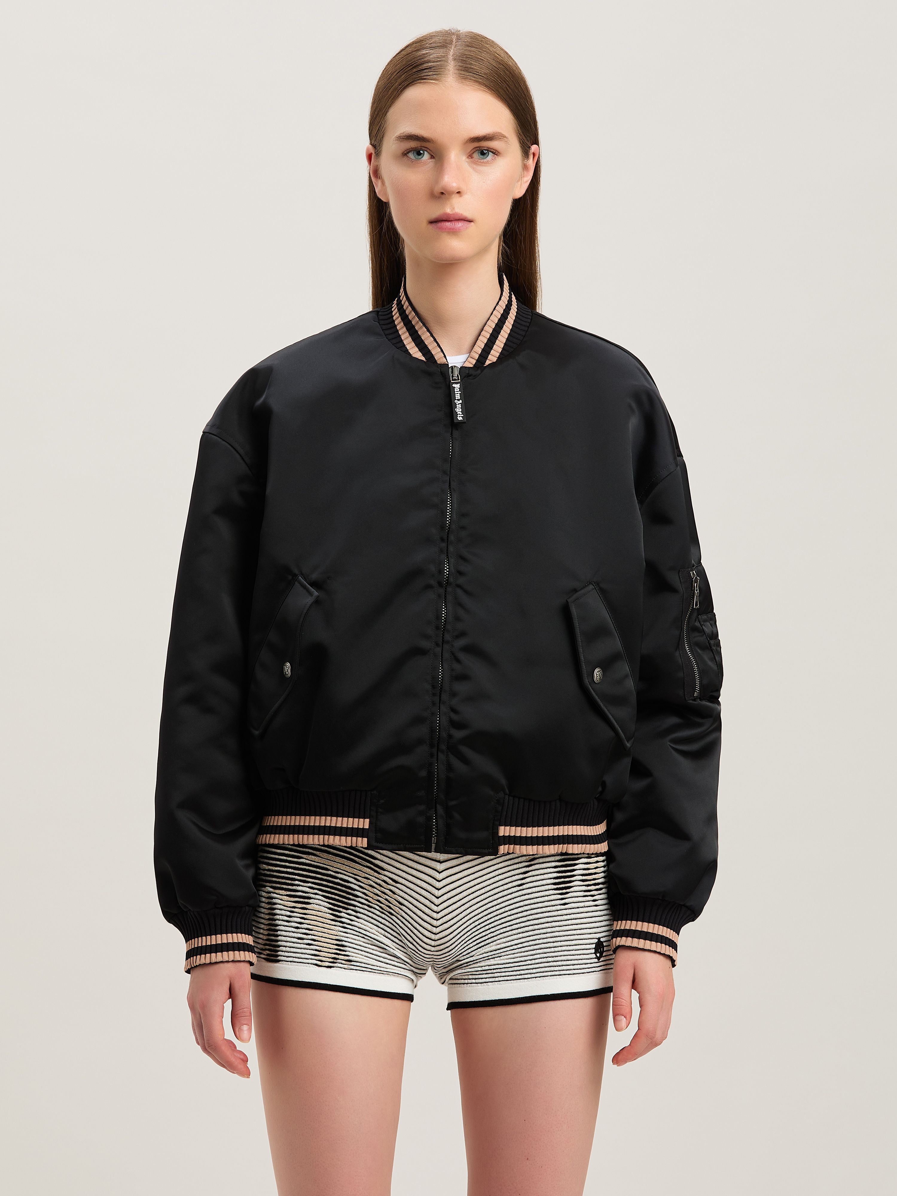 PALM ANGELS  Curved logo bomber NERO - ROSA PWEH027S25FAB001