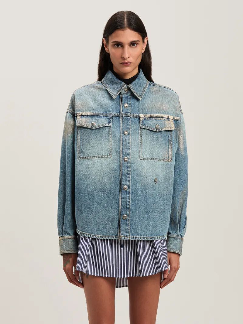 PALM ANGELS  Metal brushed denim shirt MEDIUM BLUE - SILVER PWYD023S25DEN002