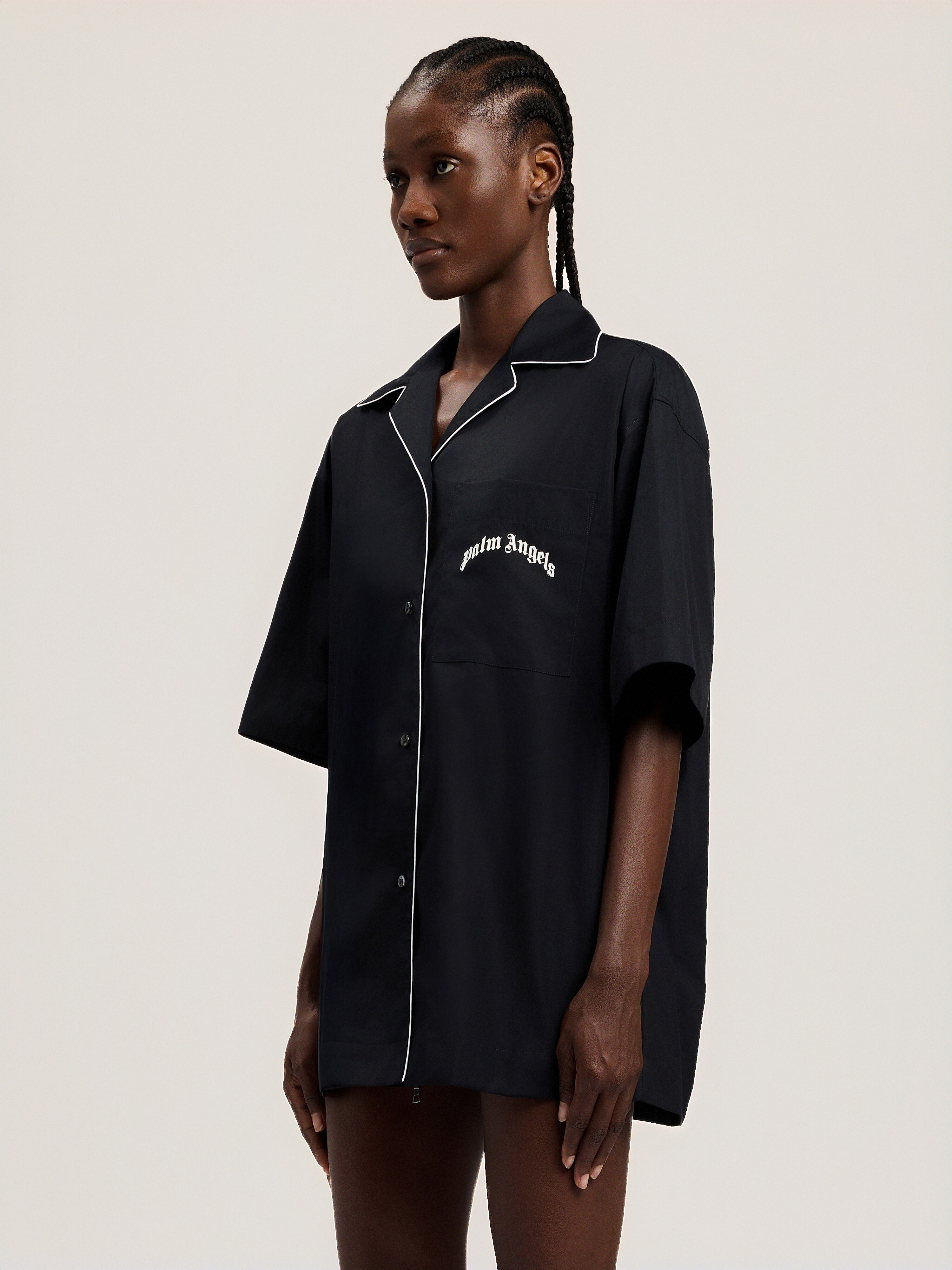 Curved Logo Bowling Shirt in BLACK OFF WHITE for Women | Palm Angels®