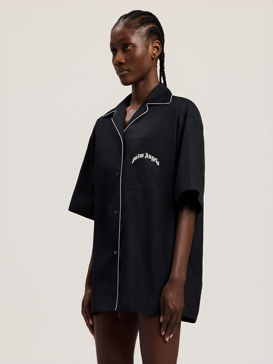 PALM ANGELS Curved Logo Bowling Shirt BLACK OFF WHITE PWGG005S26FAB001