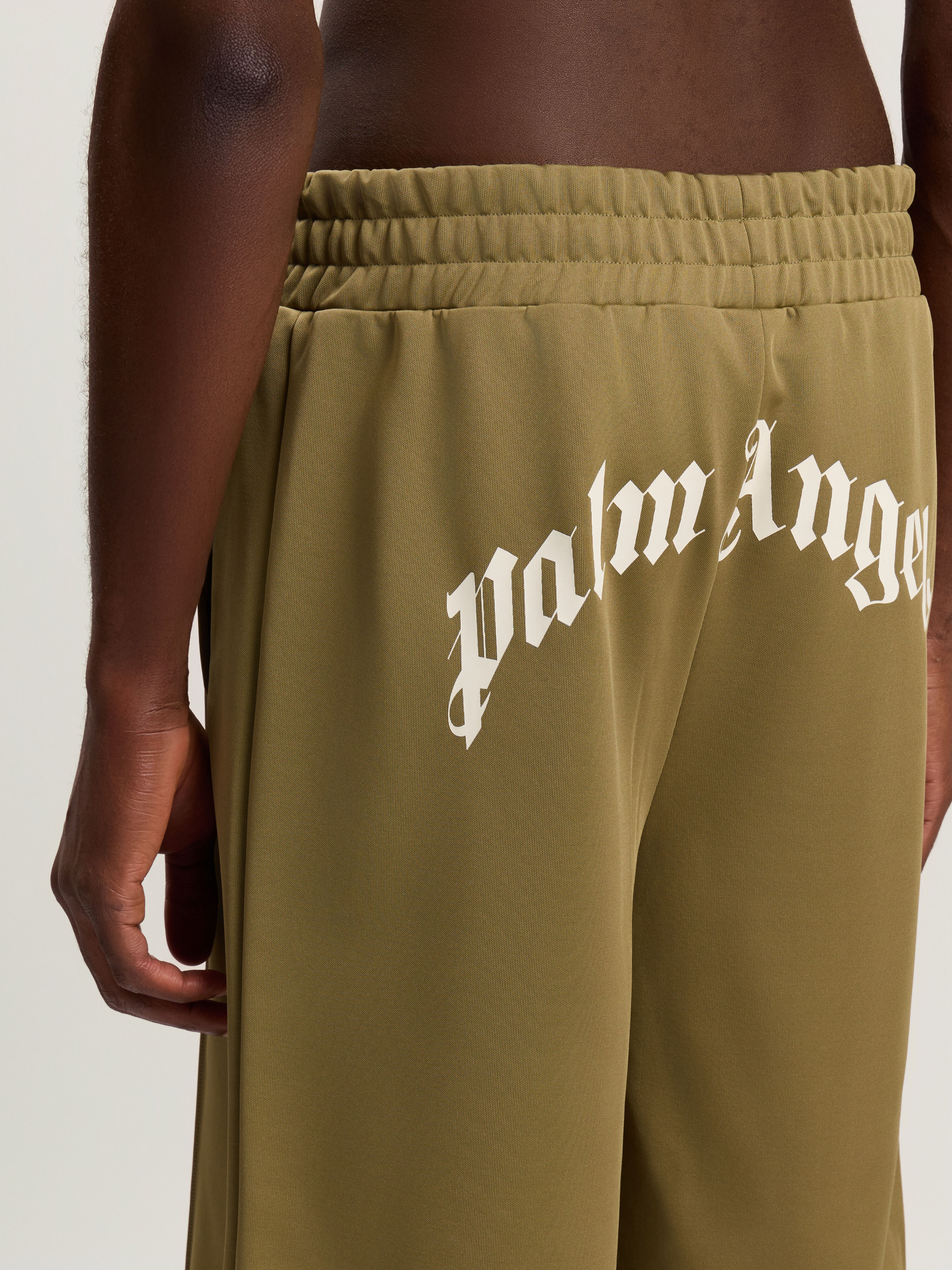 PALM ANGELS Back Curved Logo Track Shorts ARMY GREEN - OFF WHITE PMCL00AF25FAB001