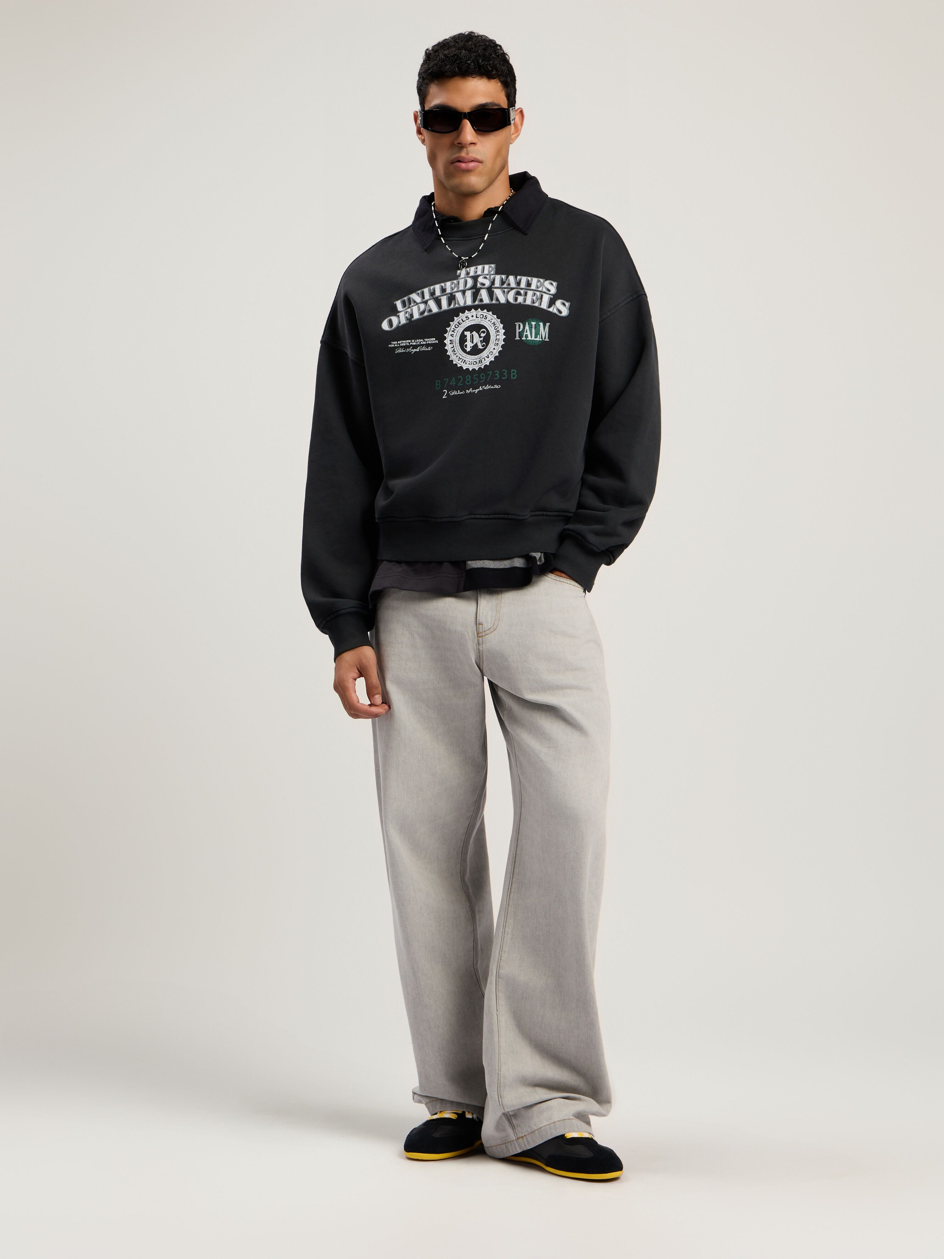 PALM ANGELS Dollar Loose Crew Sweatshirt VINTAGE BLACK - LIGHT GREY PMBA08JF25FLE002