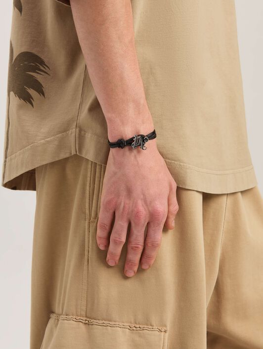 PALM ANGELS  Leather cord Monogram Bracelet BLACK - SILVER PMOA054S25MAT001