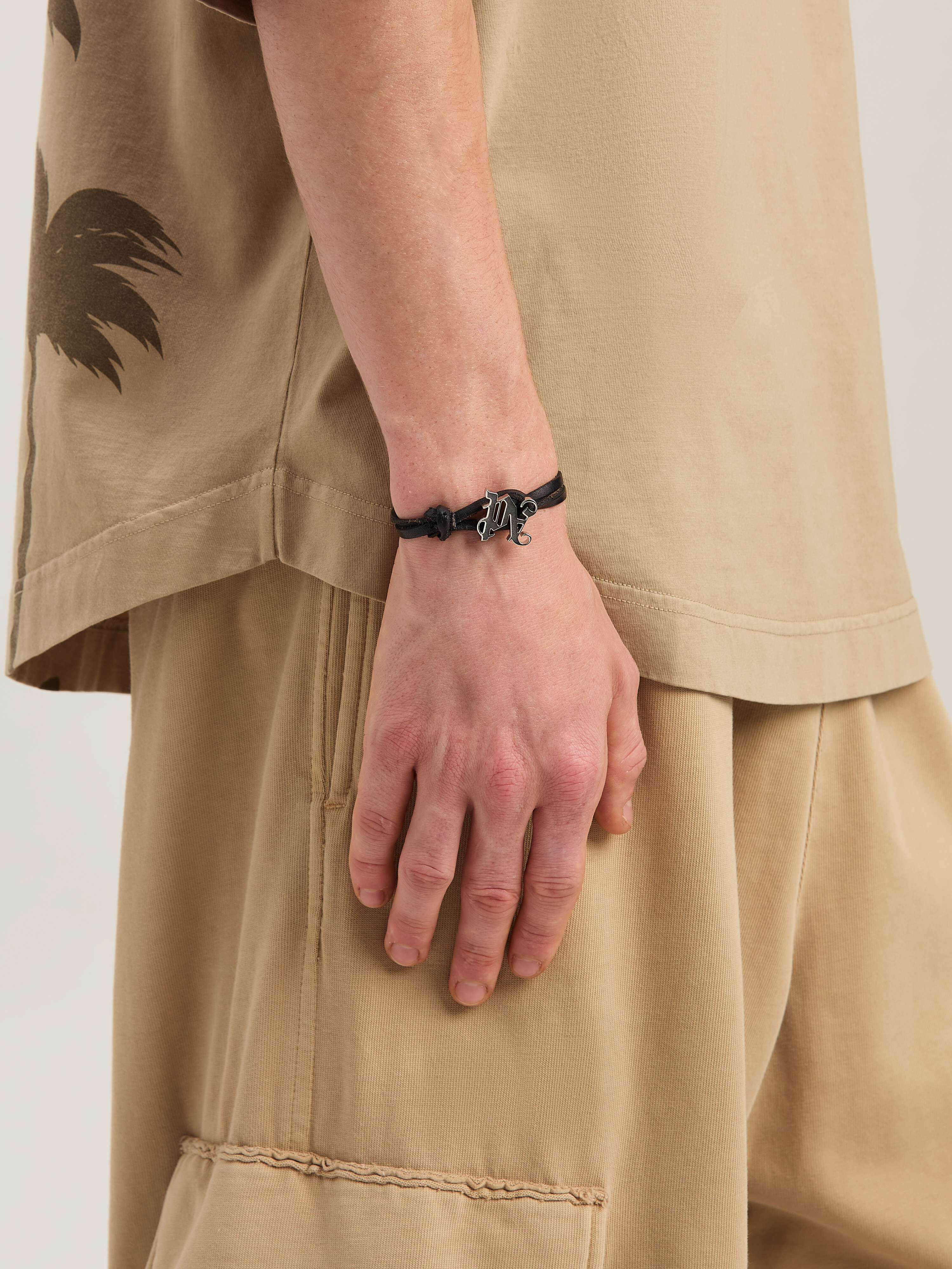PALM ANGELS  Leather cord Monogram Bracelet BLACK - SILVER PMOA054S25MAT001