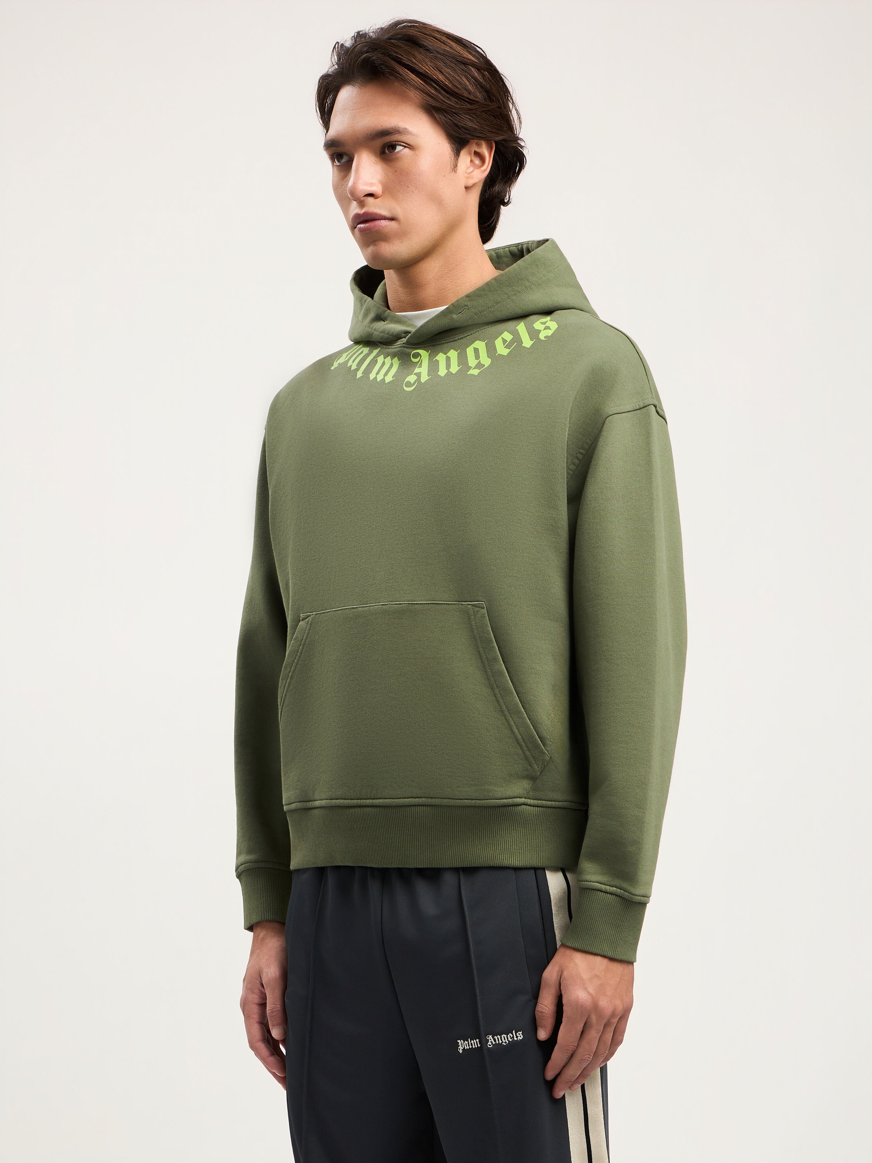 PALM ANGELS Neck Logo Hoodie MILITARY GREEN LIME PMBB17DS26FLE007