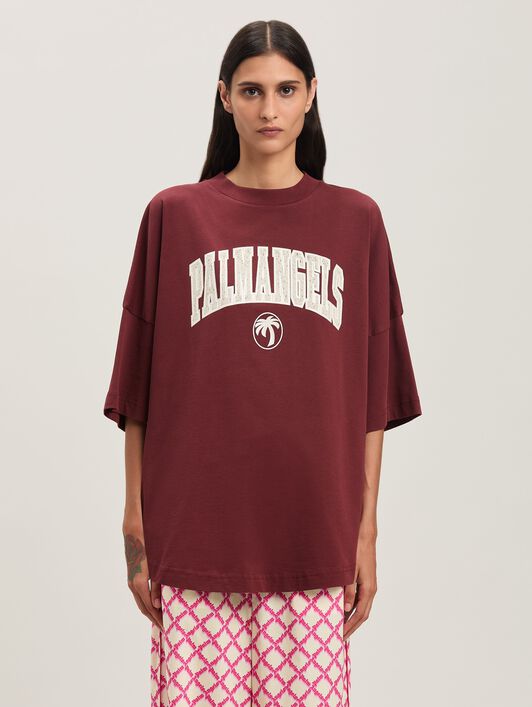 PALM ANGELS  College oversize T-shirt BURGUNDY - IVORY PWAA023S25JER003