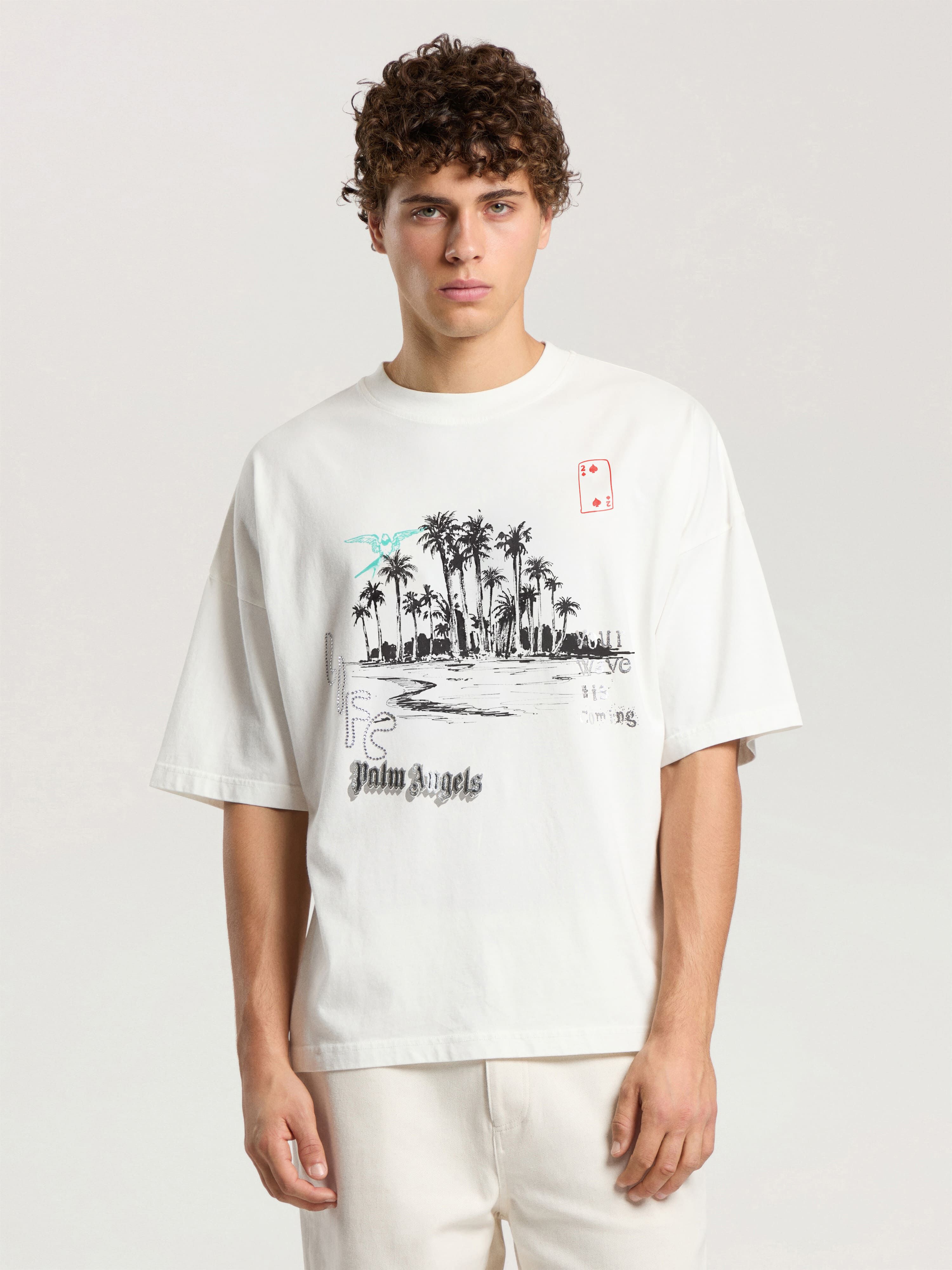 PALM ANGELS Palm Life Loose T-Shirt OFF WHITE - BLACK PAMAA03F26JR02