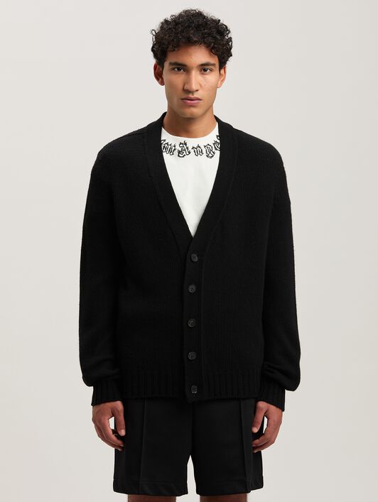 PALM ANGELS  Curved Logo knit cardigan BLACK - GREY MELANGE PMHB035S25KNI001