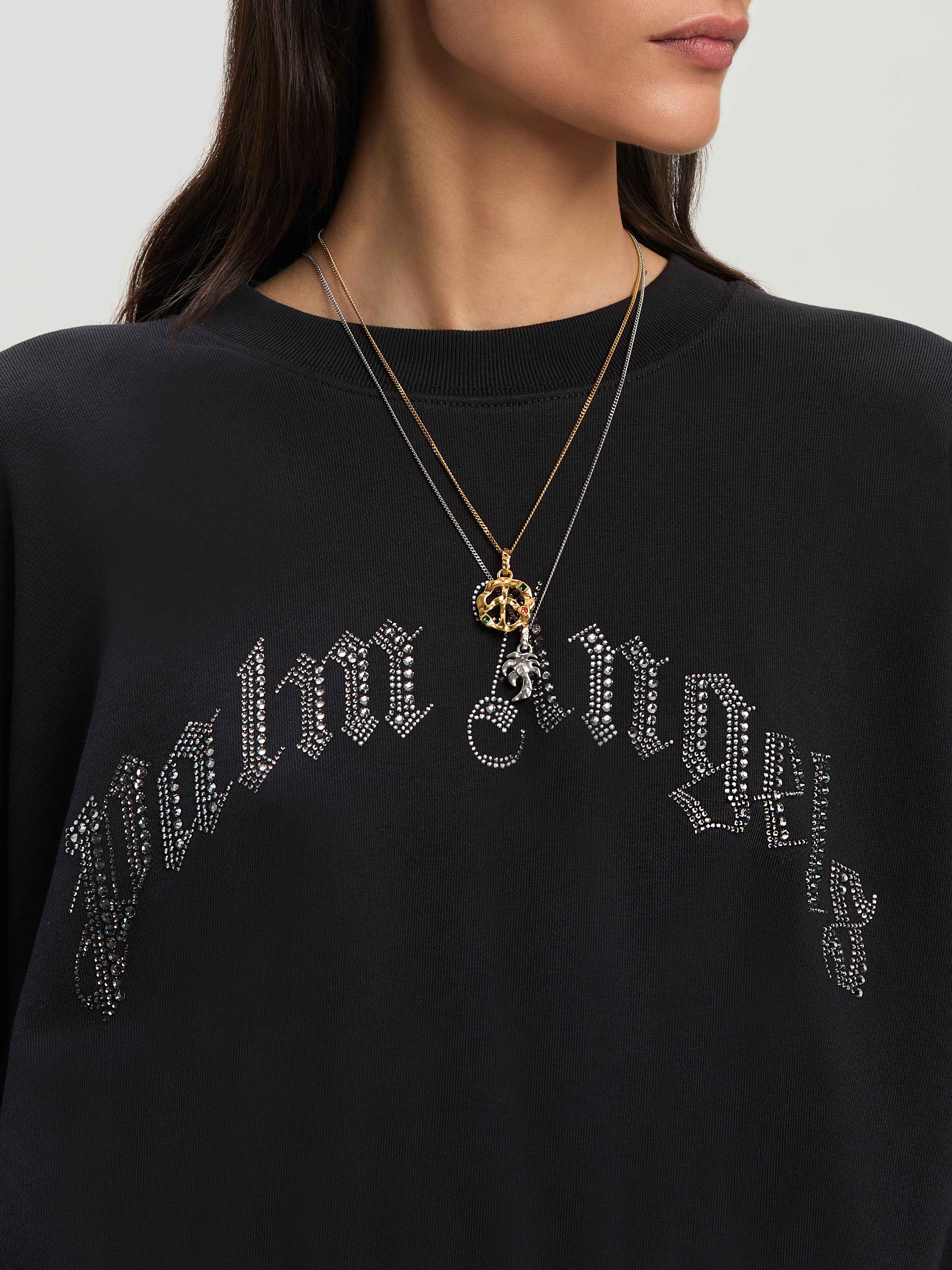 PALM ANGELS  Curvedl Logo embroidered cropped sweatshirt BLACK - SILVER PWBA057S25FAB001