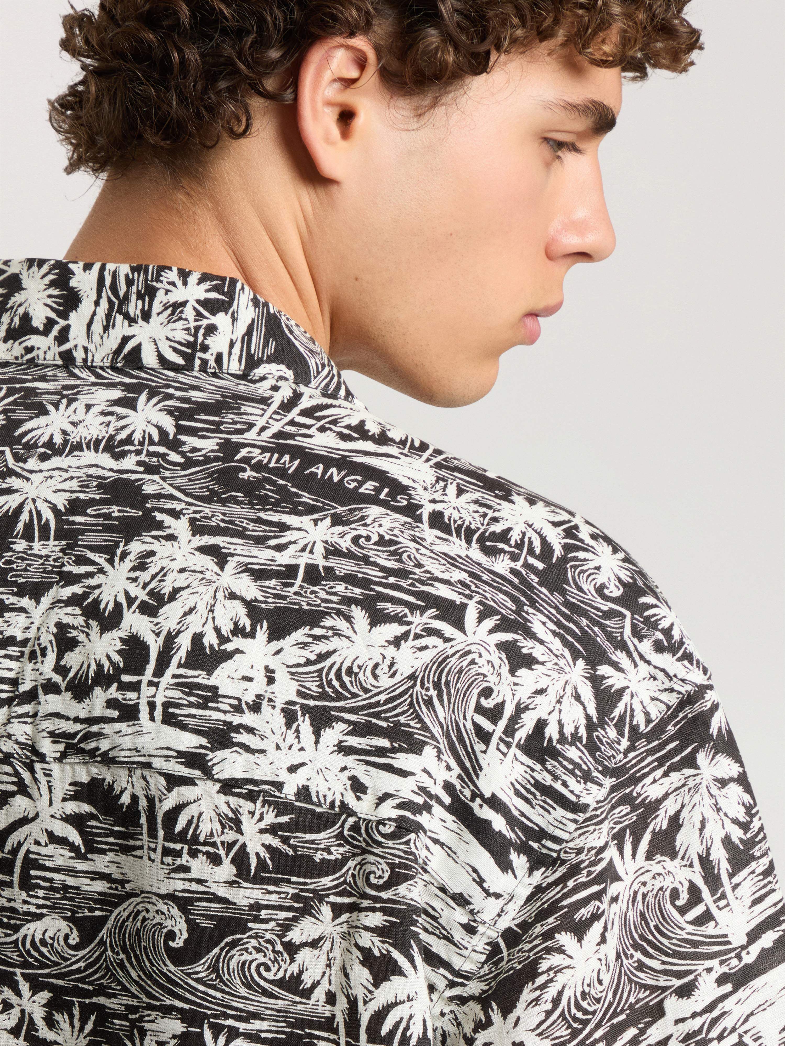 PALM ANGELS Palm Waves Linen Bowling Shirt BLACK - OFF WHITE PAMGG01F26FB02