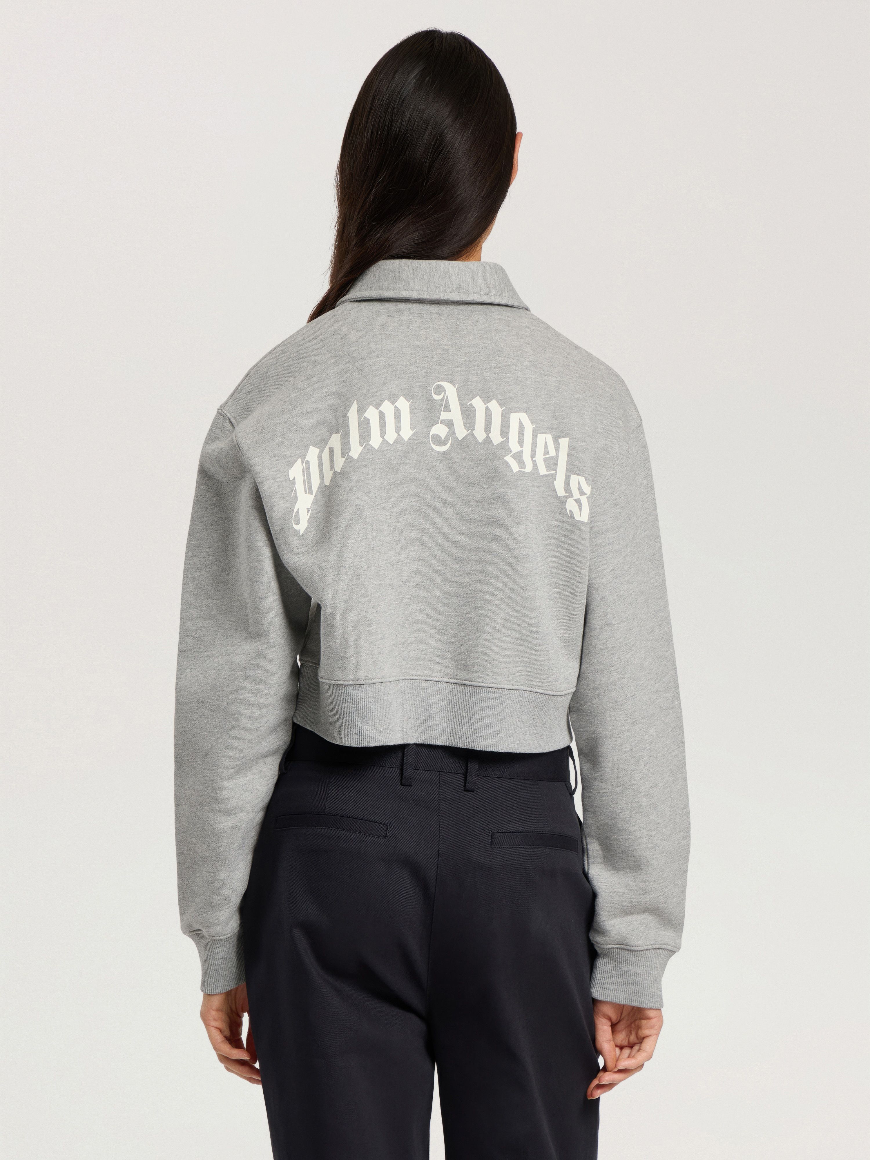 Curved Logo Crop Polo Crew Long Sleeve PALM ANGELS Curved Logo Crop Polo Crew Long Sleeve GREY MELANGE - OFF WHITE PAWGC03F26FL01