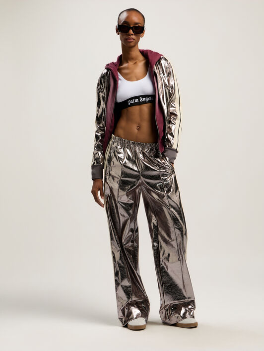 PALM ANGELS Laminated Wide-Leg Track Pants GUNMETAL - OFF WHITE PWCJ031F25FAB001