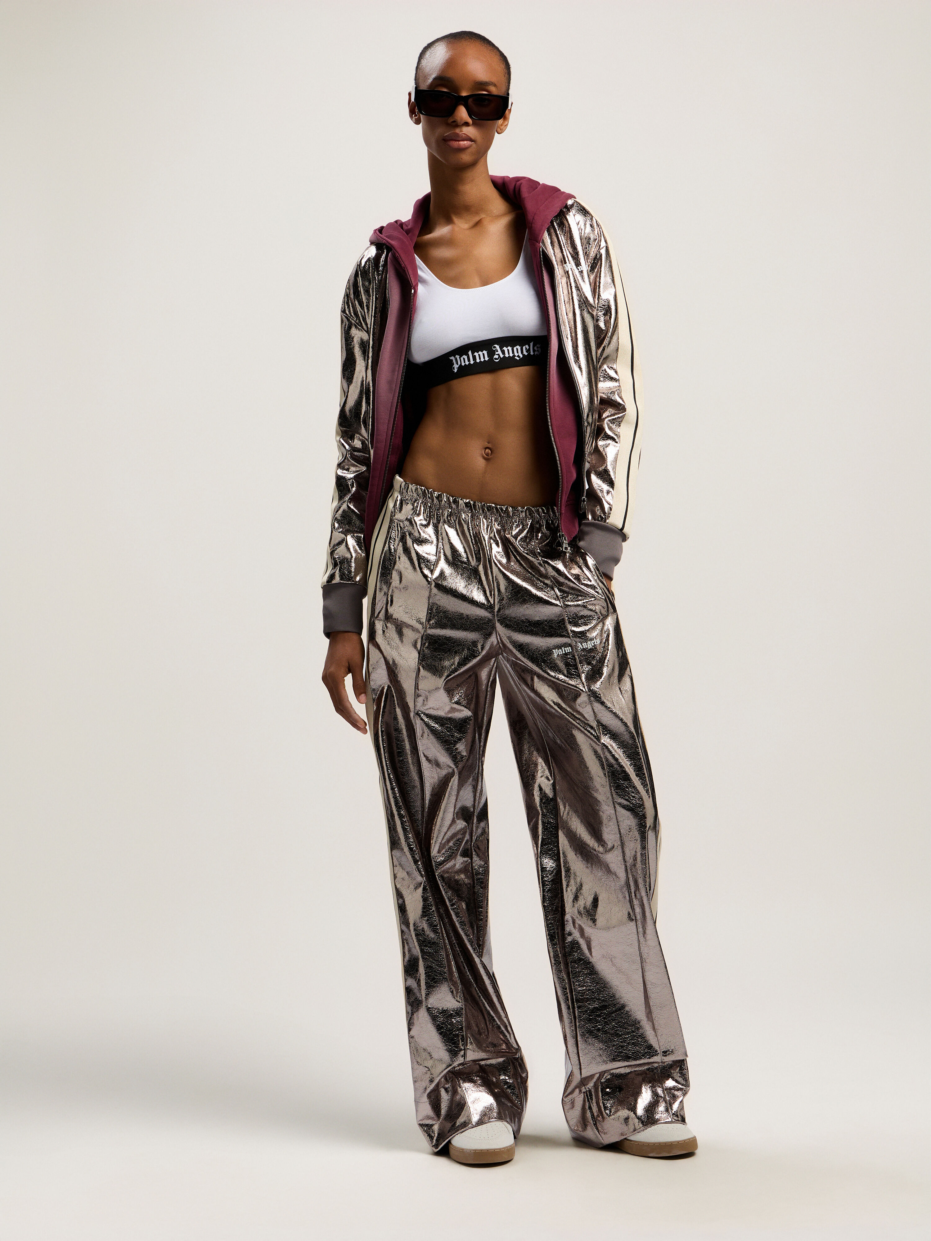 PALM ANGELS Laminated Wide-Leg Track Pants GUNMETAL - OFF WHITE PWCJ031F25FAB001