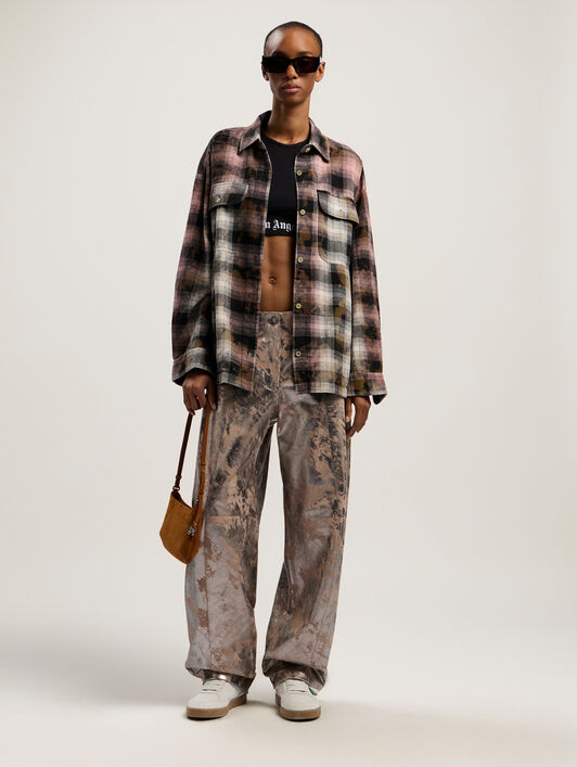 Curved Logo Coated Checkshirt PALM ANGELS Curved Logo Coated Checkshirt BLACK - PINK PWGE029F25FAB001
