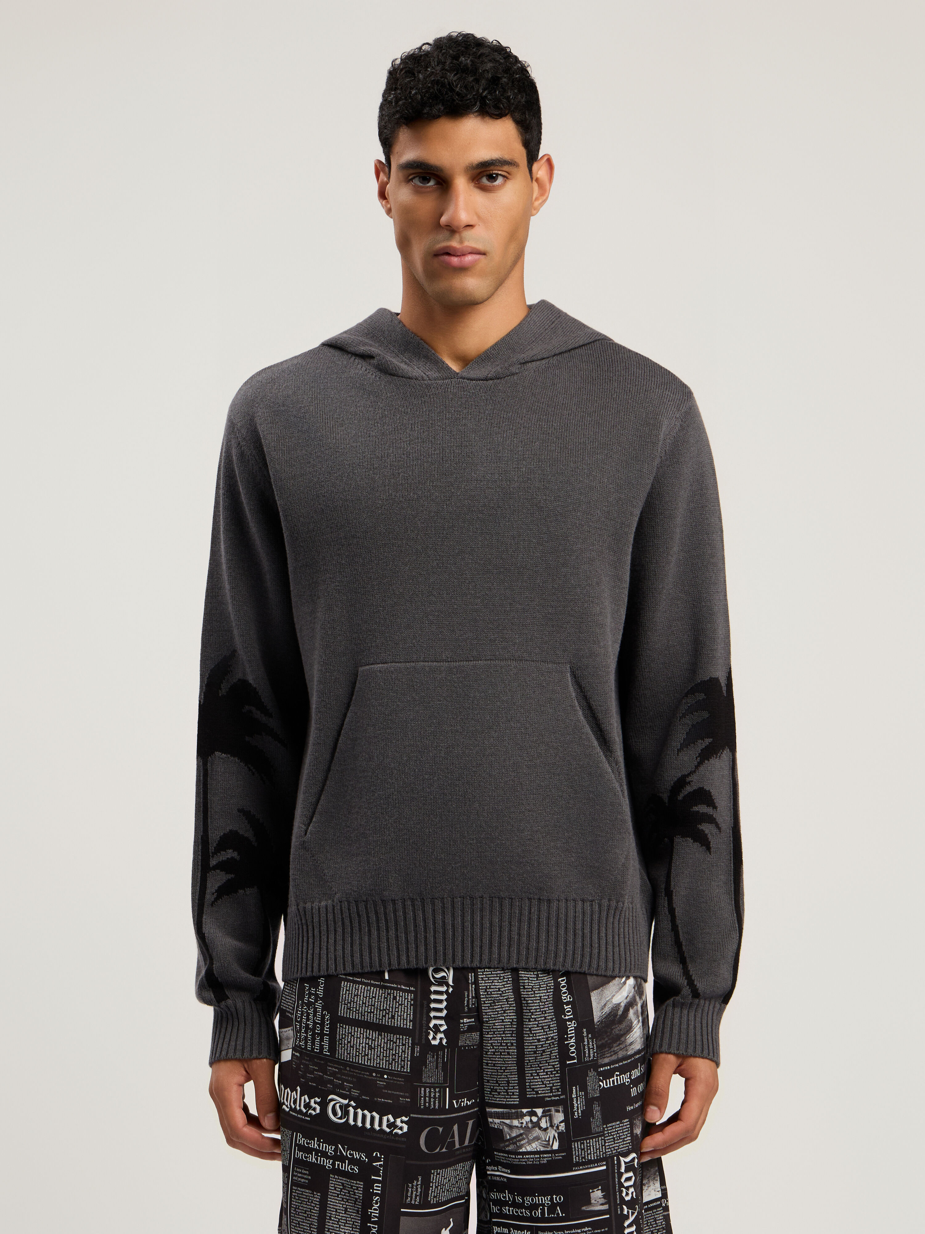 PALM ANGELS Back Palms Knit Hoodie DARK GREY - BLACK PMHU026F25KNI001