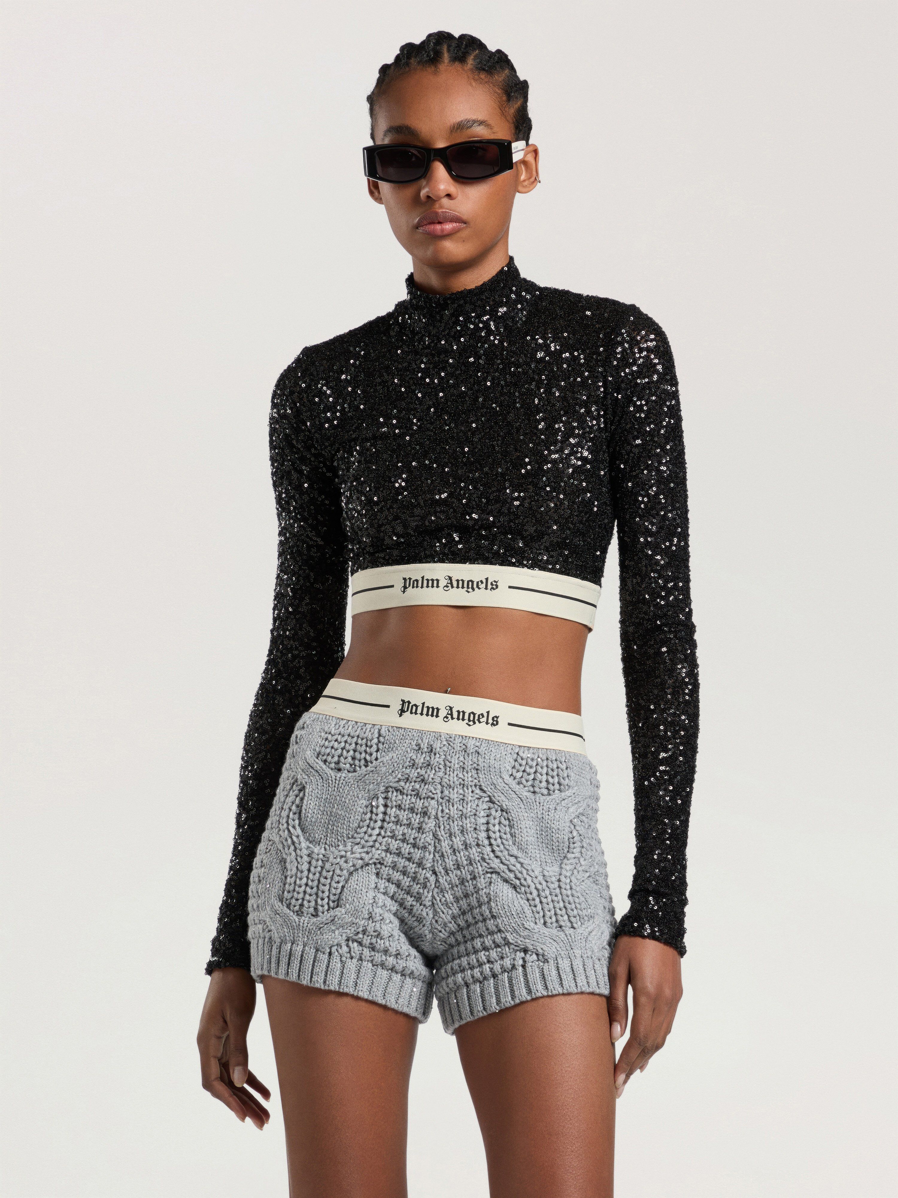 Logo Essential Sequins Top Long Sleeve PALM ANGELS Logo Essential Sequins Top Long Sleeve BLACK - CREAM PAWAF03W26FB01