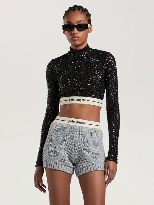 Logo Essential Sequins Top Long Sleeve PALM ANGELS Logo Essential Sequins Top Long Sleeve BLACK - CREAM PAWAF03W26FB01
