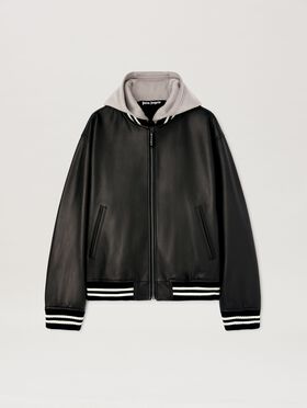 PALM ANGELS  Curved logo leather Bomber BLACK - OFF WHITE PMJA043S25LEA001