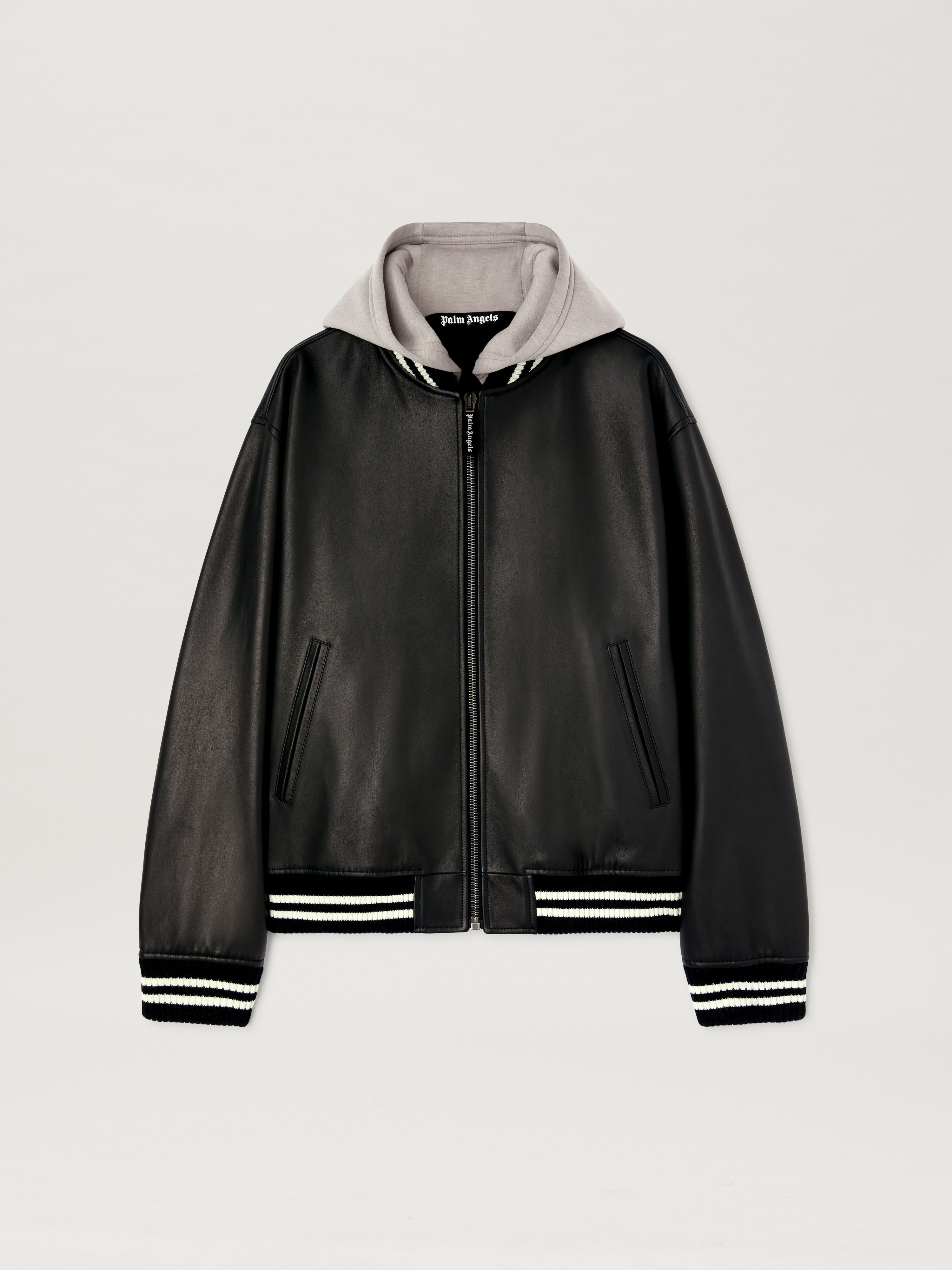 PALM ANGELS  Leder-Bomberjacke mit geschwungenem Logo BLACK - OFF WHITE PMJA043S25LEA001