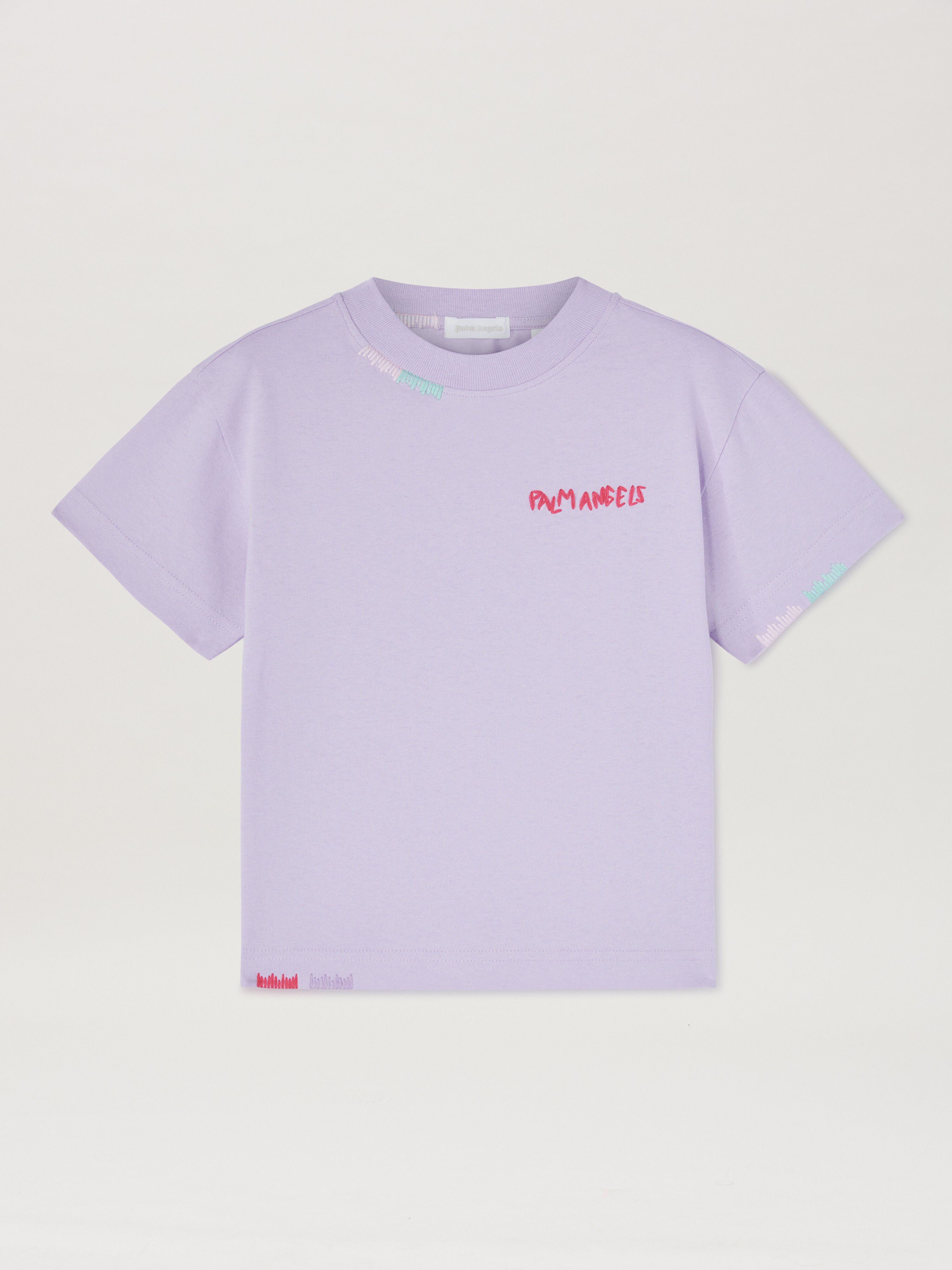 PALM ANGELS  Multicolored embroidered T-shirt LIGHT VIOLET CHERRY PGAA002S25JER004
