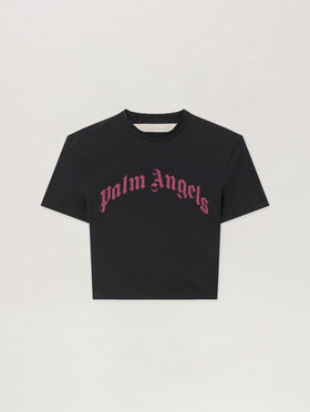 PALM ANGELS Curved Logo Baby Tee BLACK - FUCHSIA PWAA077F25JER002