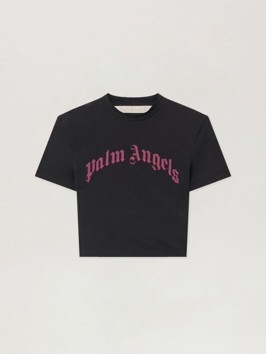 Curved Logo Baby Tee PALM ANGELS Curved Logo Baby Tee BLACK - FUCHSIA PWAA077F25JER002