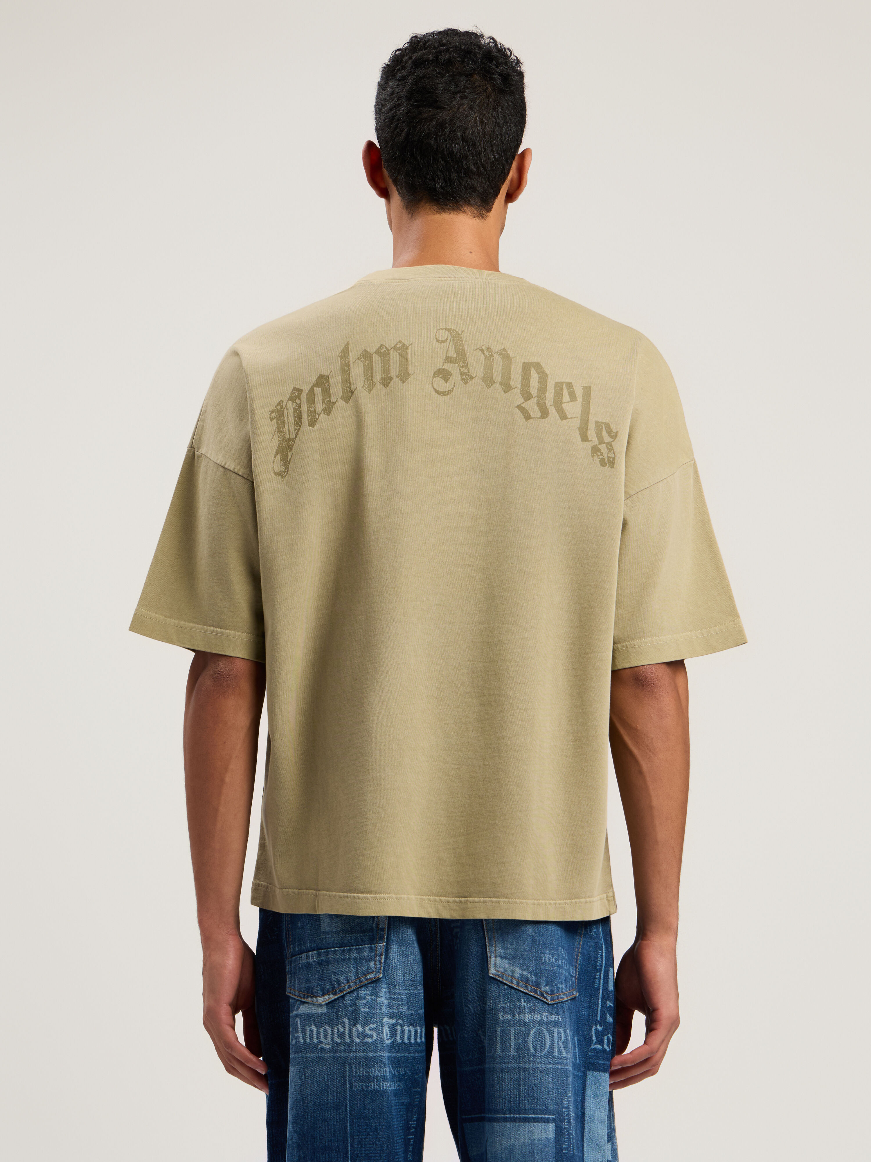 PALM ANGELS Curved Logo Loose Collar T-Shirt ARMY GREEN - DARK GREEN PMAA10HF25JER001