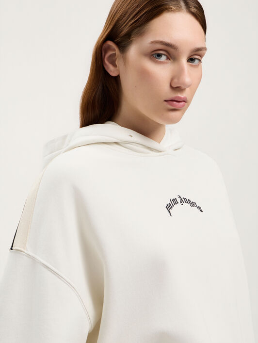 PALM ANGELS Curved Logo Loose Crop Hoodie OFF WHITE BLACK PWBB076S26FLE001
