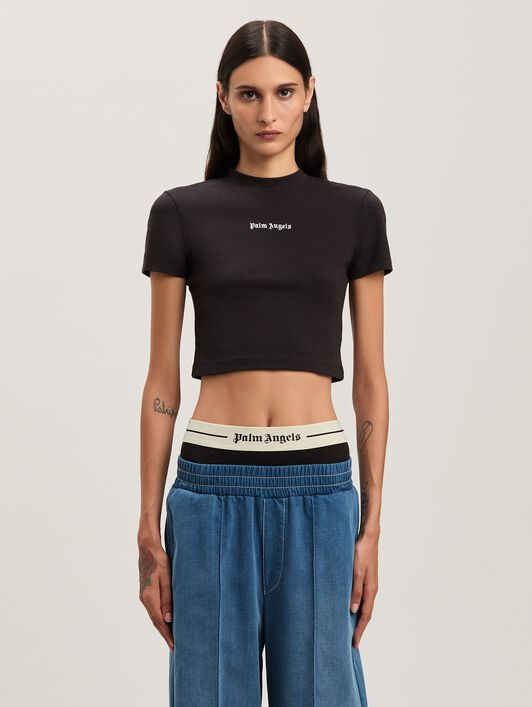 PALM ANGELS  Classic logo cropped Baby T-shirt BLACK - OFF WHITE PWAA074C99JER001