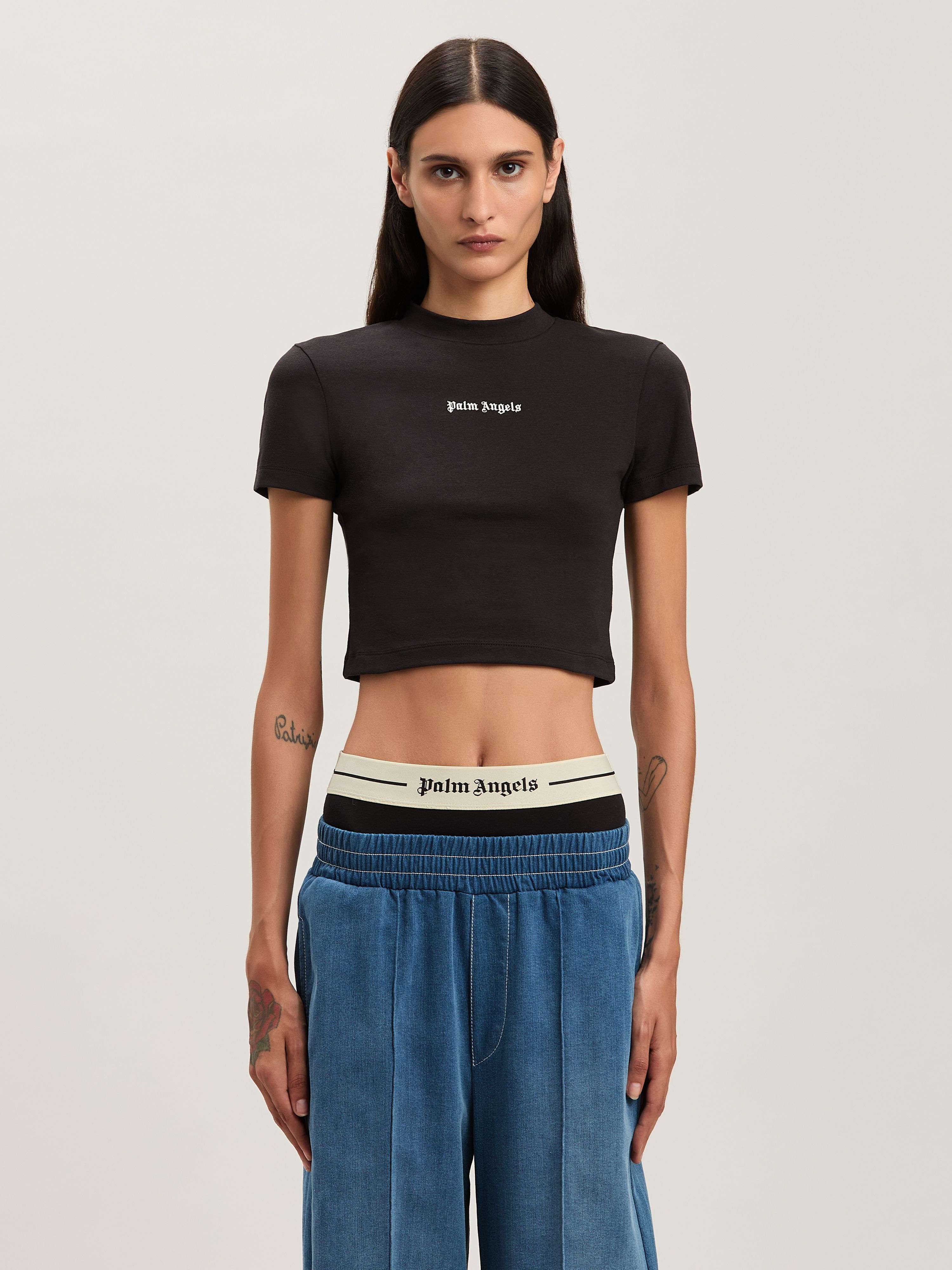 PALM ANGELS  Classic logo cropped Baby T-shirt BLACK - OFF WHITE PWAA074C99JER001
